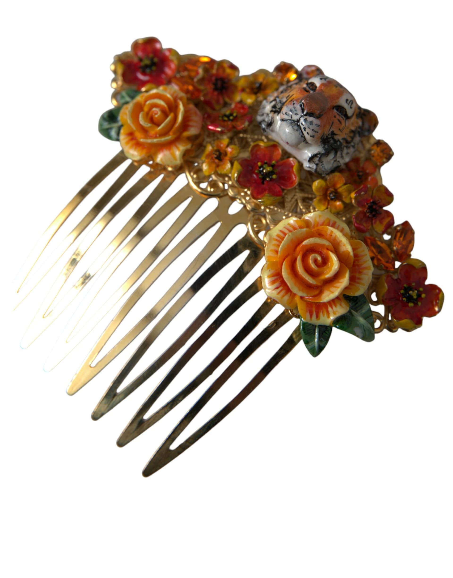Dolce & Gabbana Gold Brass Crystal Leopard Floral Hair Comb - Image 3
