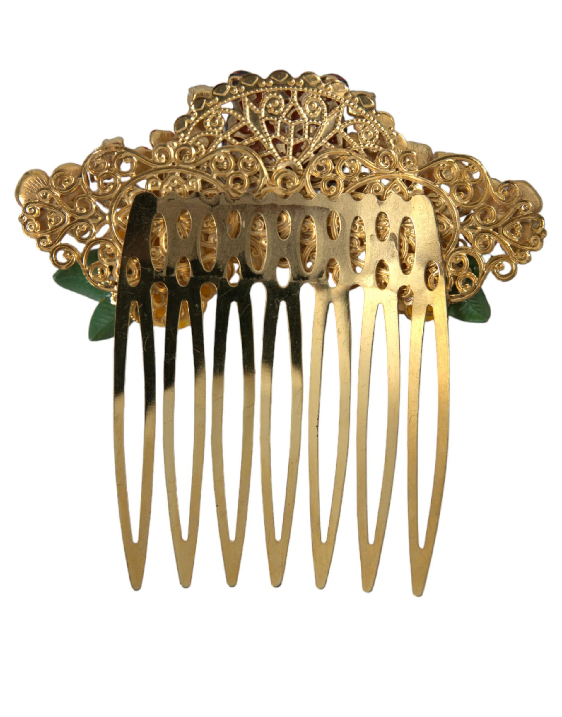 Dolce & Gabbana Gold Brass Crystal Leopard Floral Hair Comb - Image 4