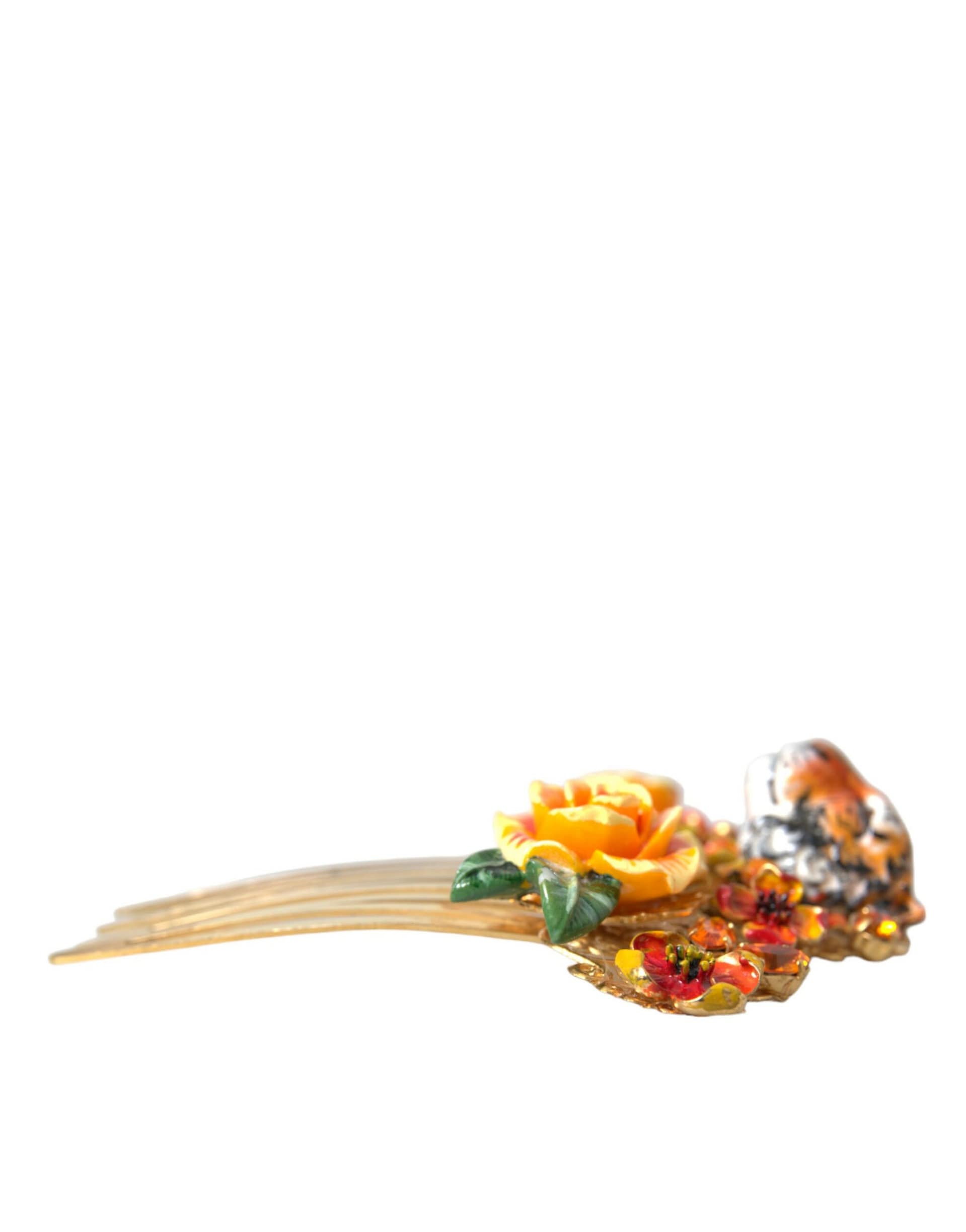 Dolce & Gabbana Gold Brass Crystal Leopard Floral Hair Comb - Image 5