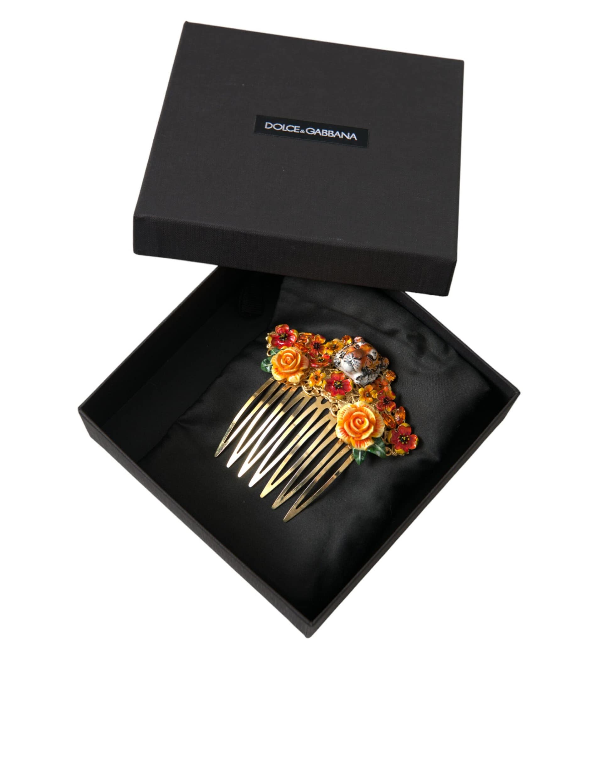 Dolce & Gabbana Gold Brass Crystal Leopard Floral Hair Comb - Image 6