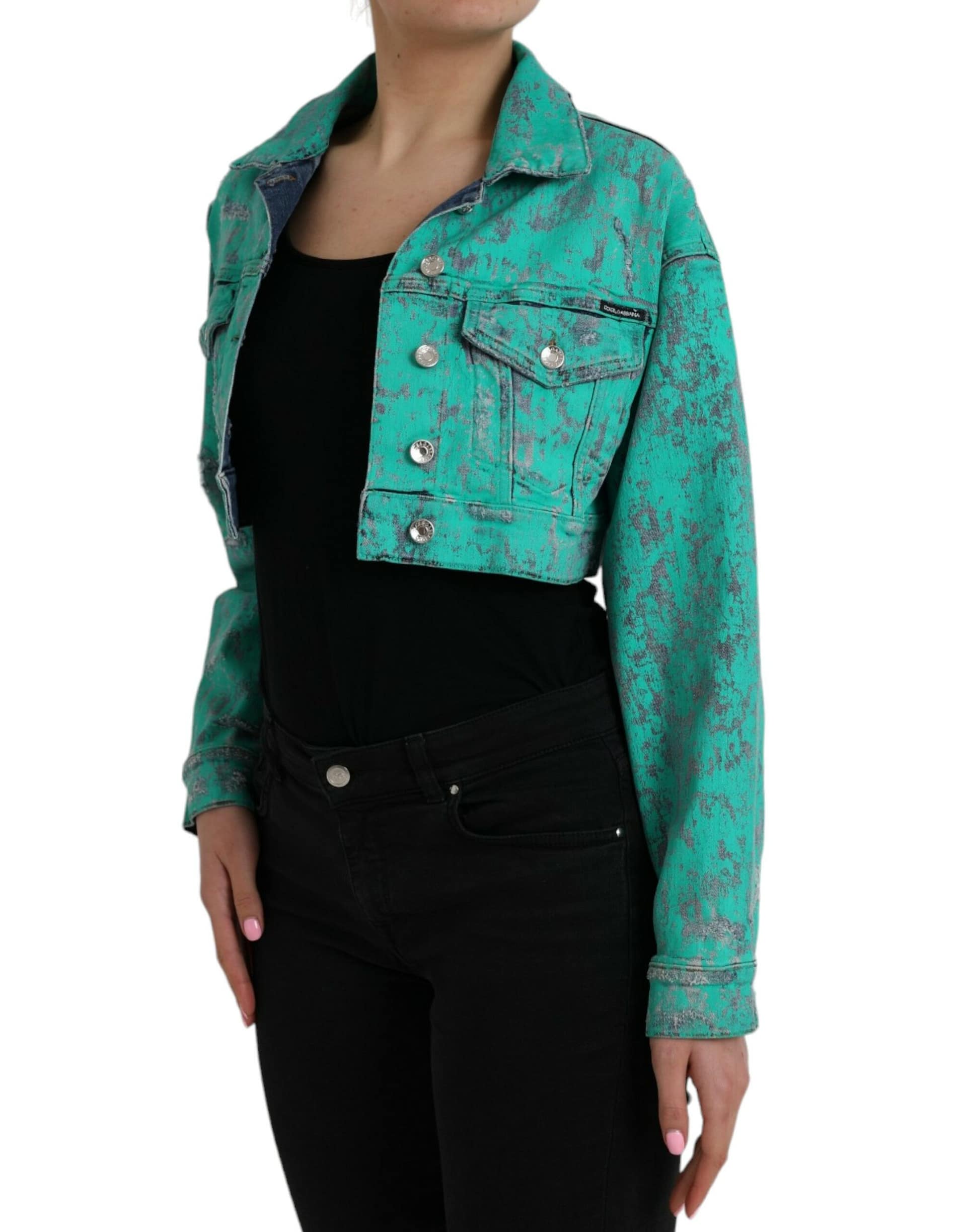 Dolce & Gabbana Green Cotton Tie Dye Cropped Cropped Denim Jacket - Image 3