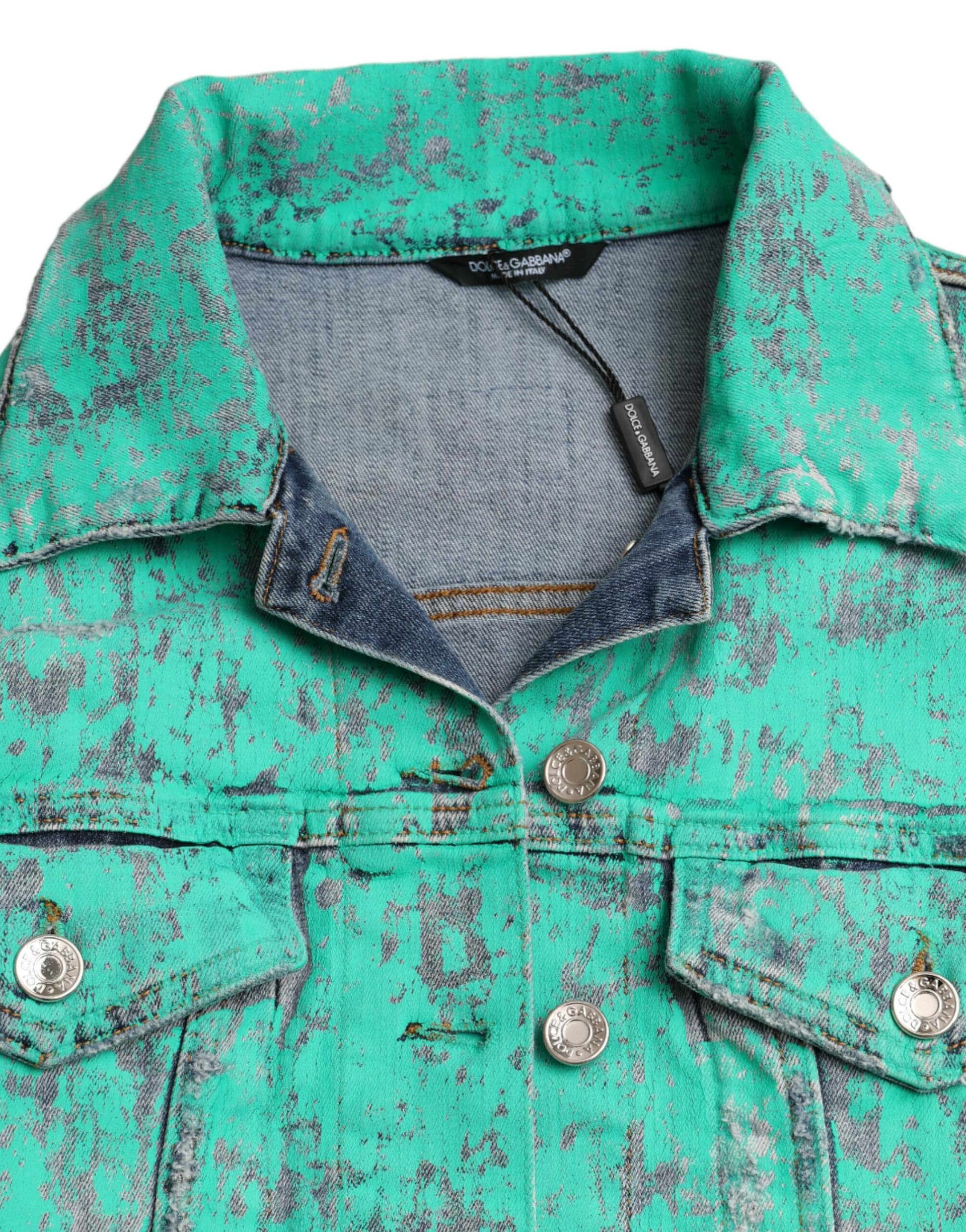 Dolce & Gabbana Green Cotton Tie Dye Cropped Cropped Denim Jacket - Image 7