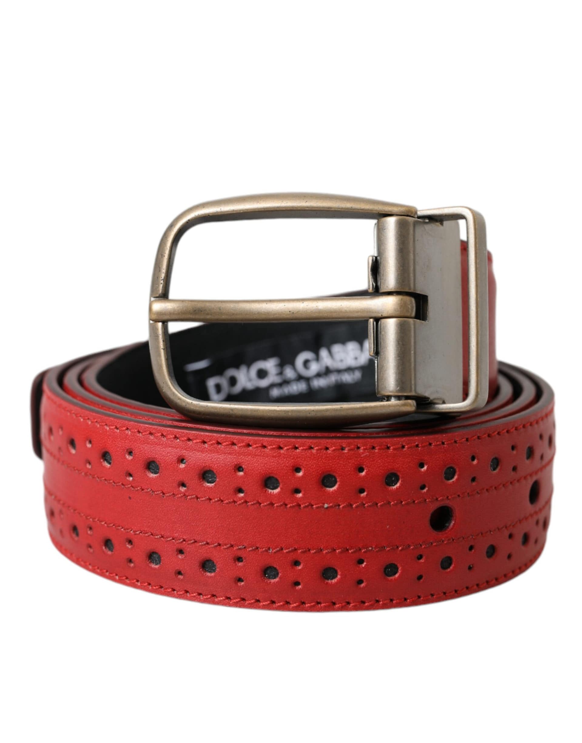 Dolce & Gabbana Red Perforated Leather Metal Buckle Belt Men - Image 2