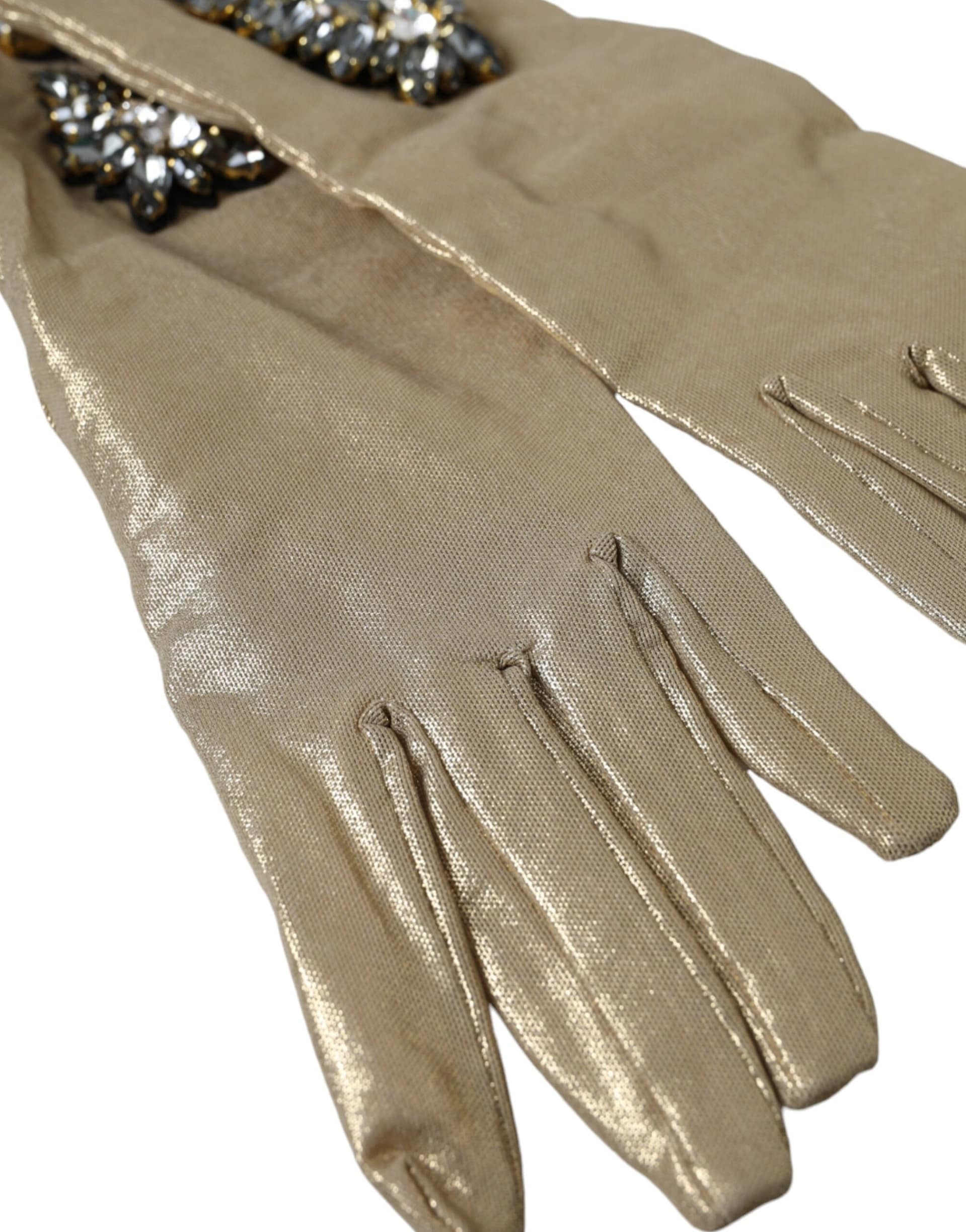 Dolce & Gabbana Beige Satin Crystal Elbow Length Gloves - Image 4