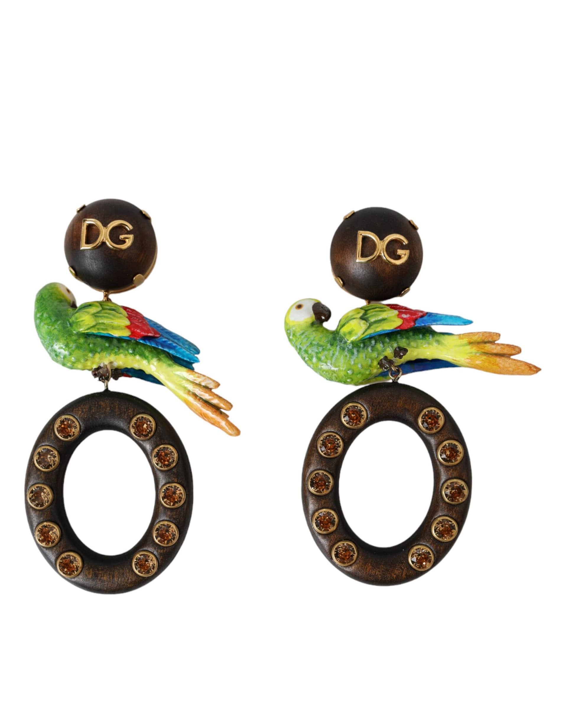 Dolce & Gabbana Multicolor Parrot Wood Brass Crystal Embellished Earrings - Image 2