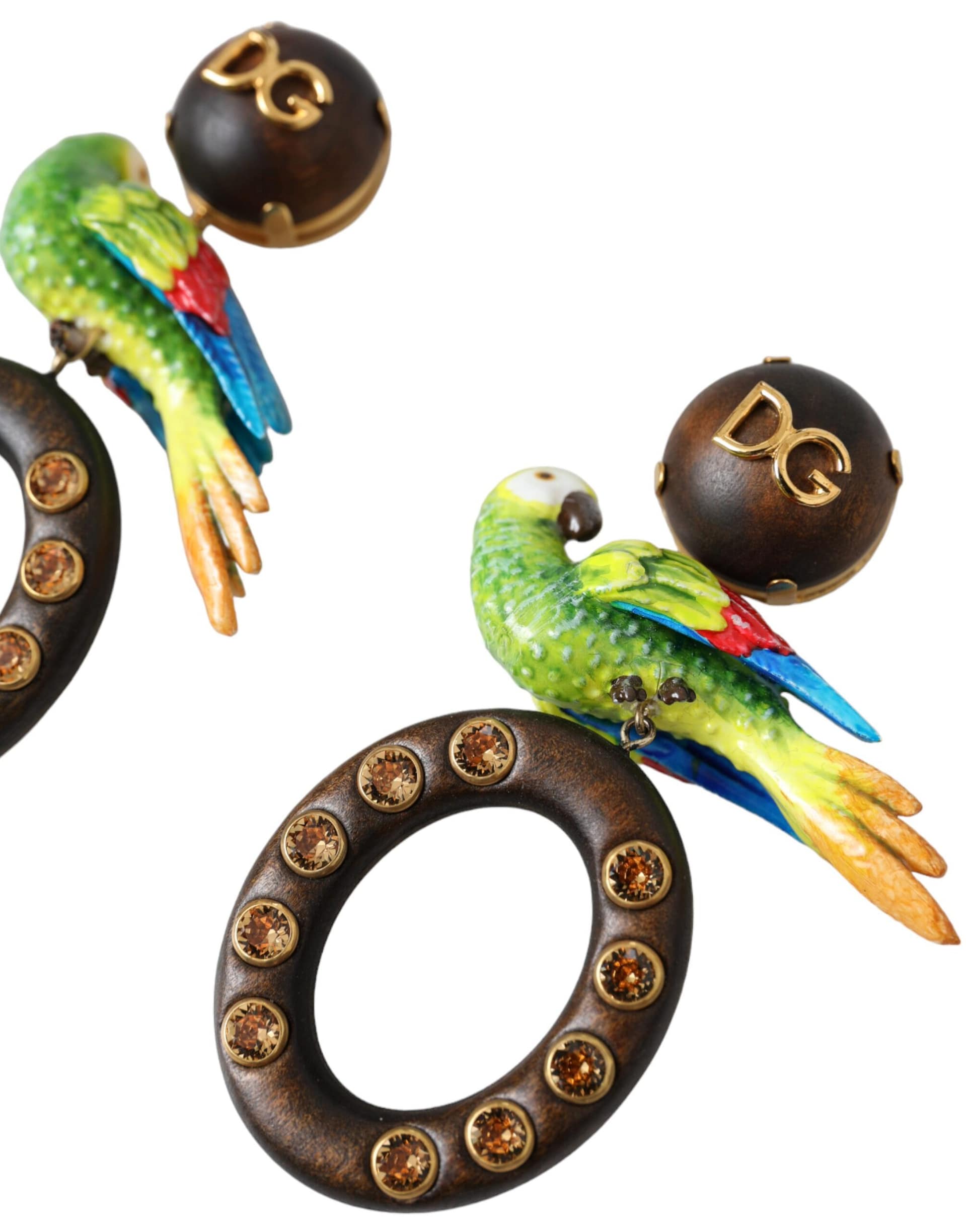 Dolce & Gabbana Multicolor Parrot Wood Brass Crystal Embellished Earrings - Image 3