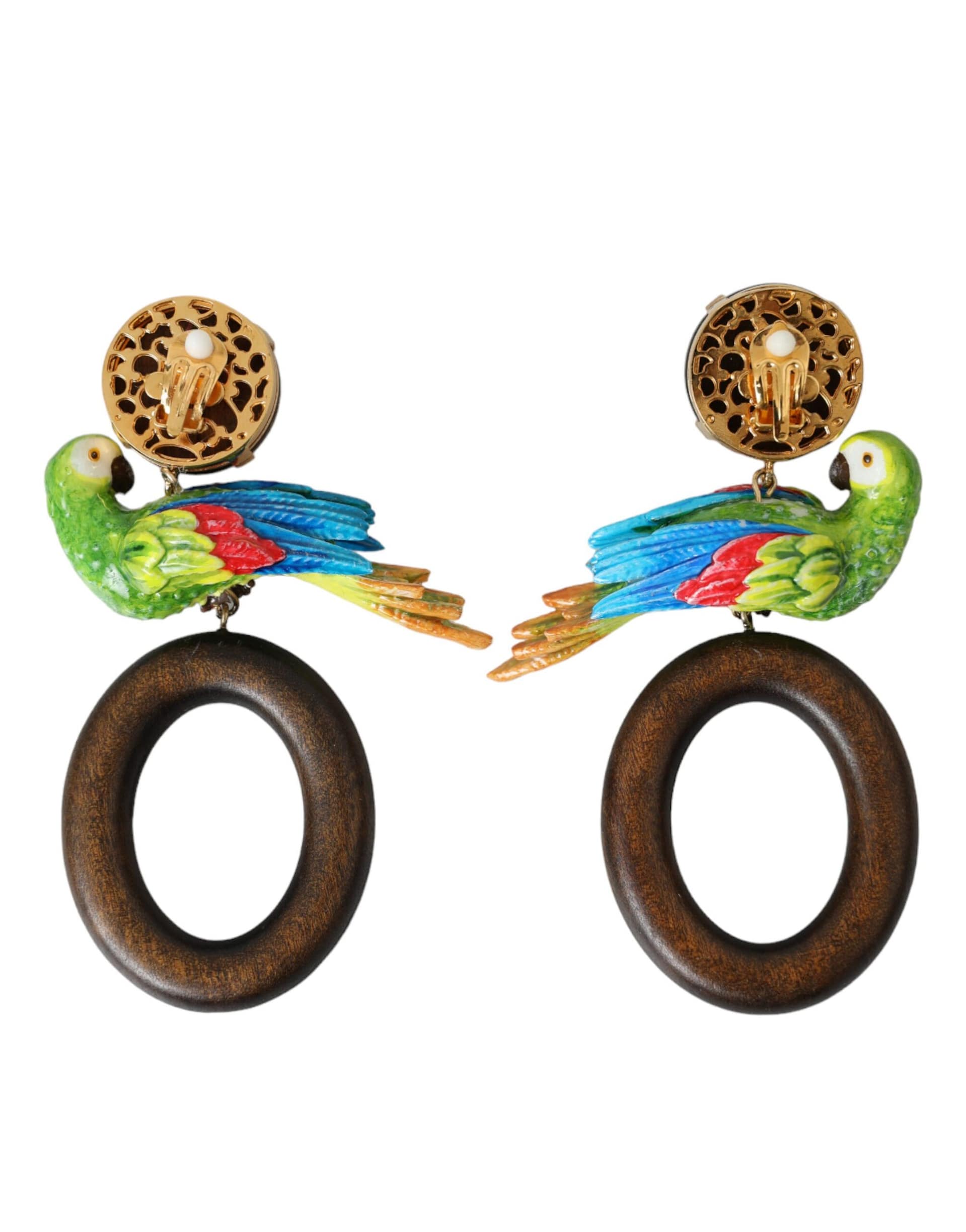 Dolce & Gabbana Multicolor Parrot Wood Brass Crystal Embellished Earrings - Image 4