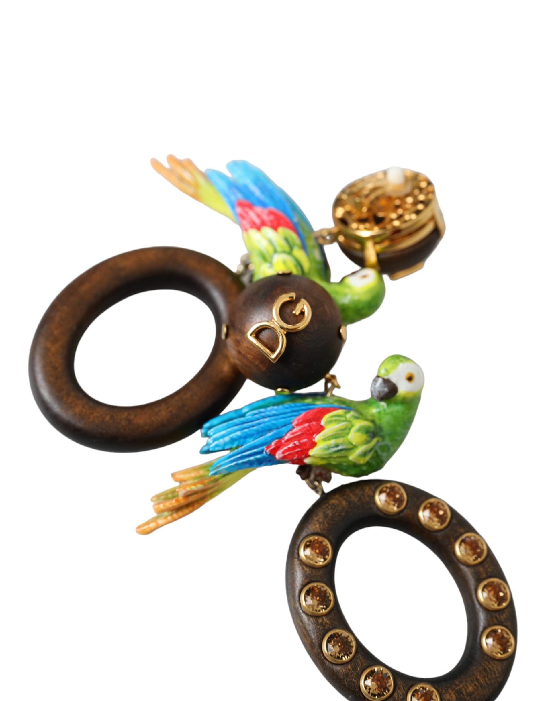 Dolce & Gabbana Multicolor Parrot Wood Brass Crystal Embellished Earrings - Image 6