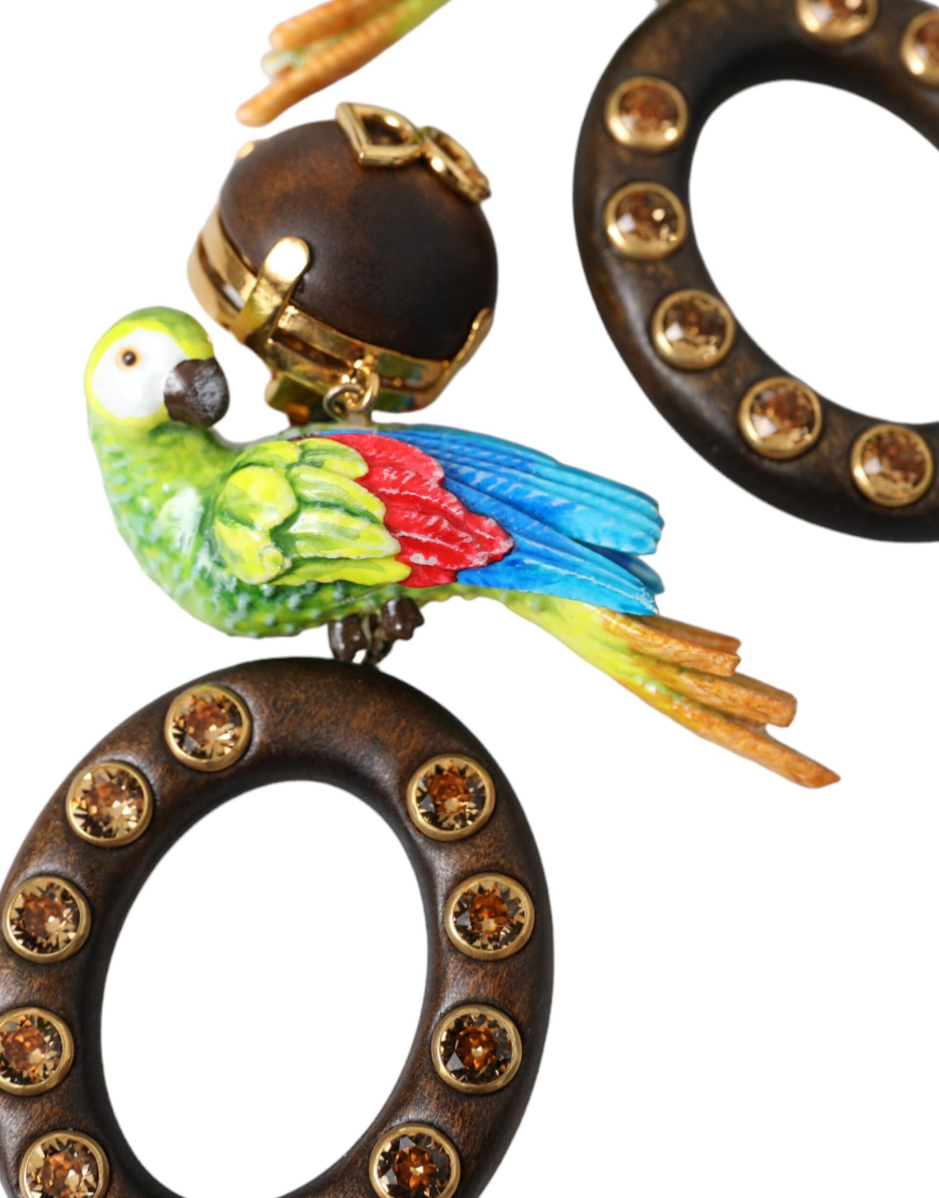 Dolce & Gabbana Multicolor Parrot Wood Brass Crystal Embellished Earrings - Image 7