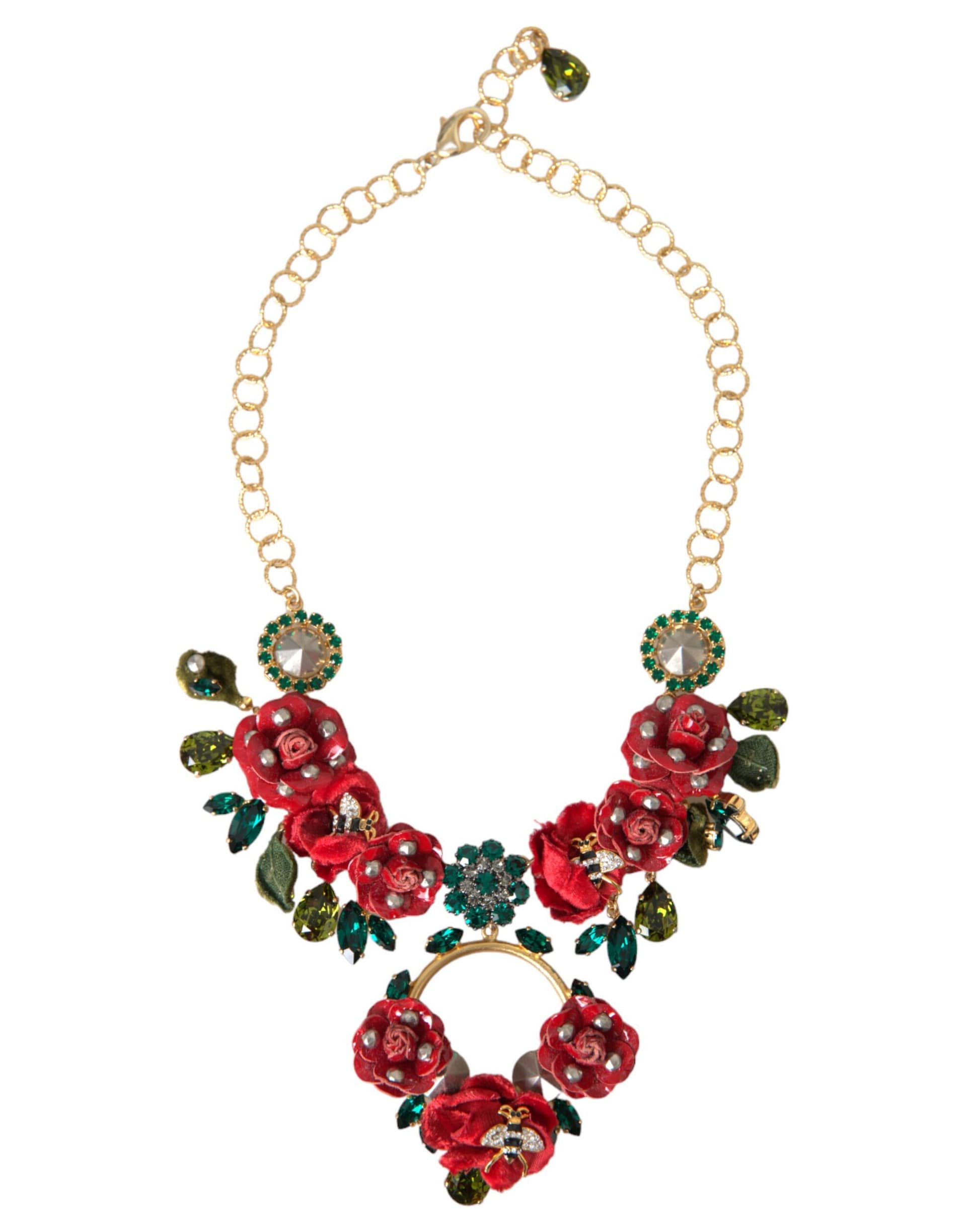 Dolce & Gabbana Gold Brass Link Chain RosePetal Crystal Pendant Necklace - Image 2