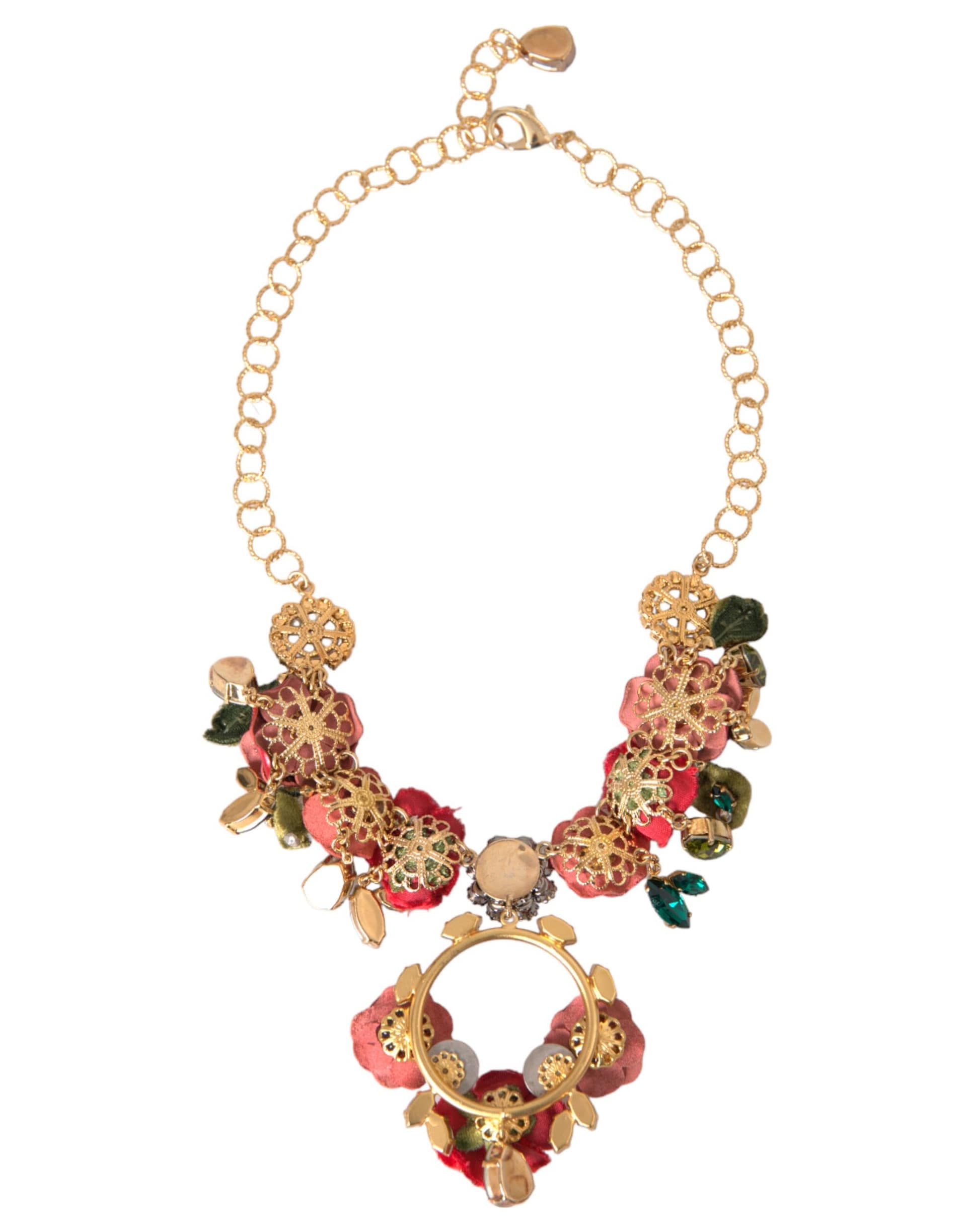 Dolce & Gabbana Gold Brass Link Chain RosePetal Crystal Pendant Necklace - Image 5