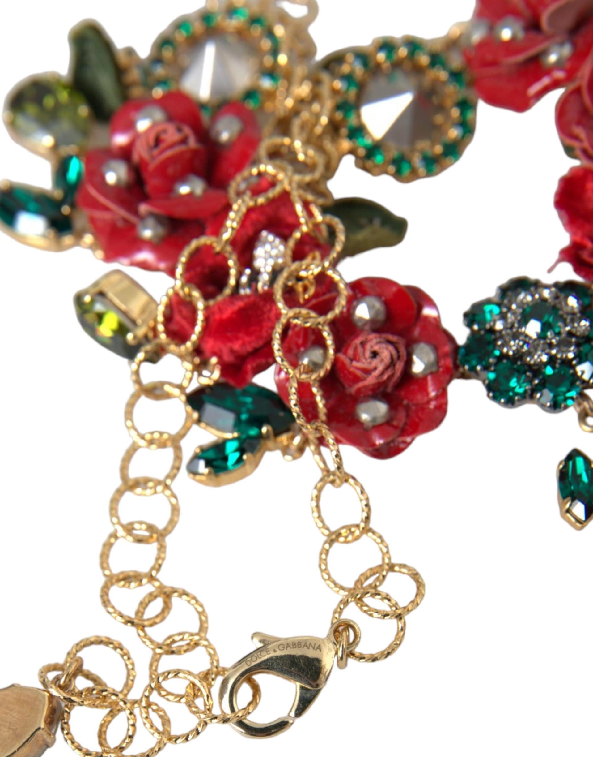 Dolce & Gabbana Gold Brass Link Chain RosePetal Crystal Pendant Necklace - Image 7