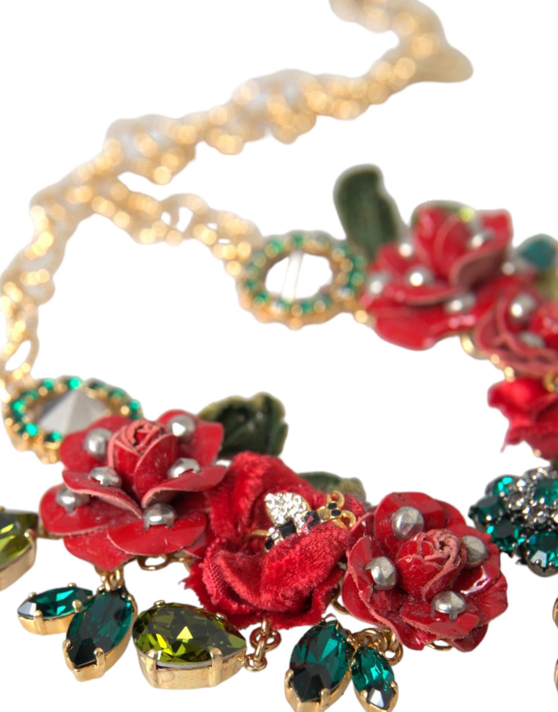 Dolce & Gabbana Gold Brass Link Chain RosePetal Crystal Pendant Necklace - Image 8