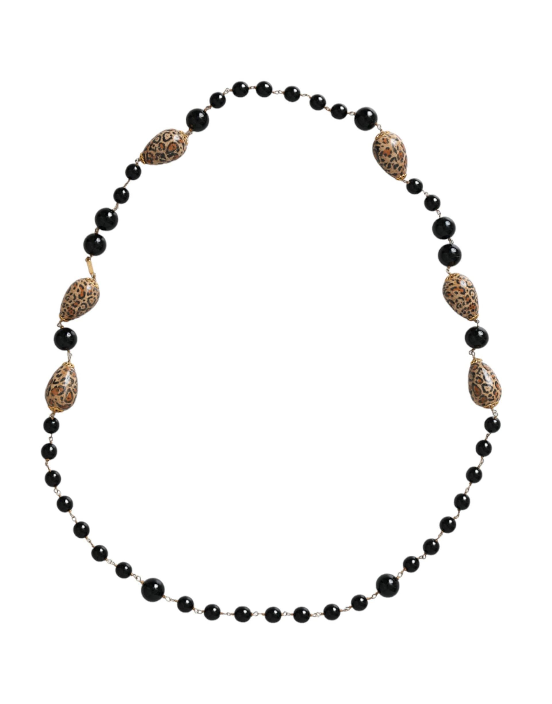 Dolce & Gabbana Gold Tone Brass Black Printed Beaded Long Chain Necklace - Image 2