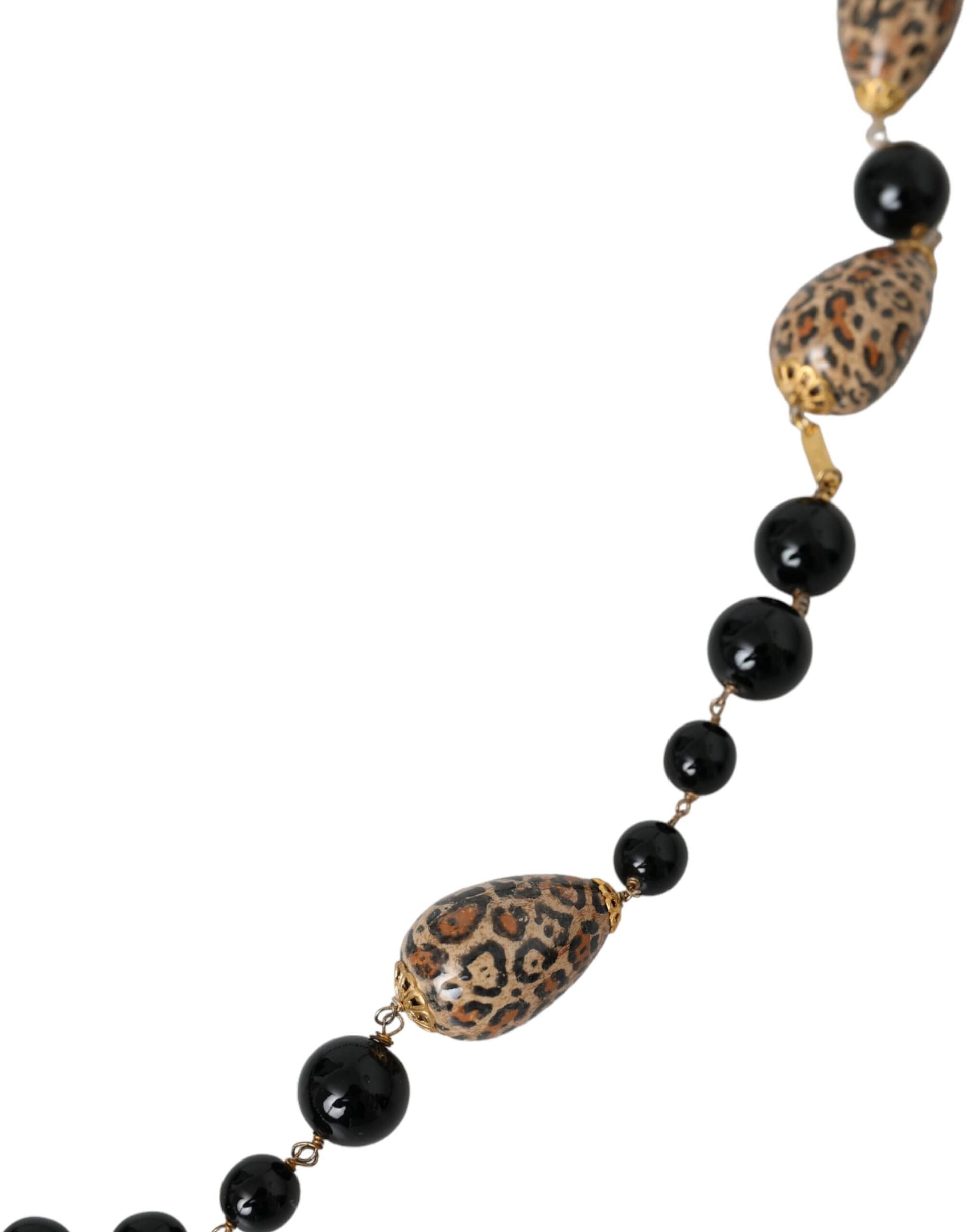 Dolce & Gabbana Gold Tone Brass Black Printed Beaded Long Chain Necklace - Image 3