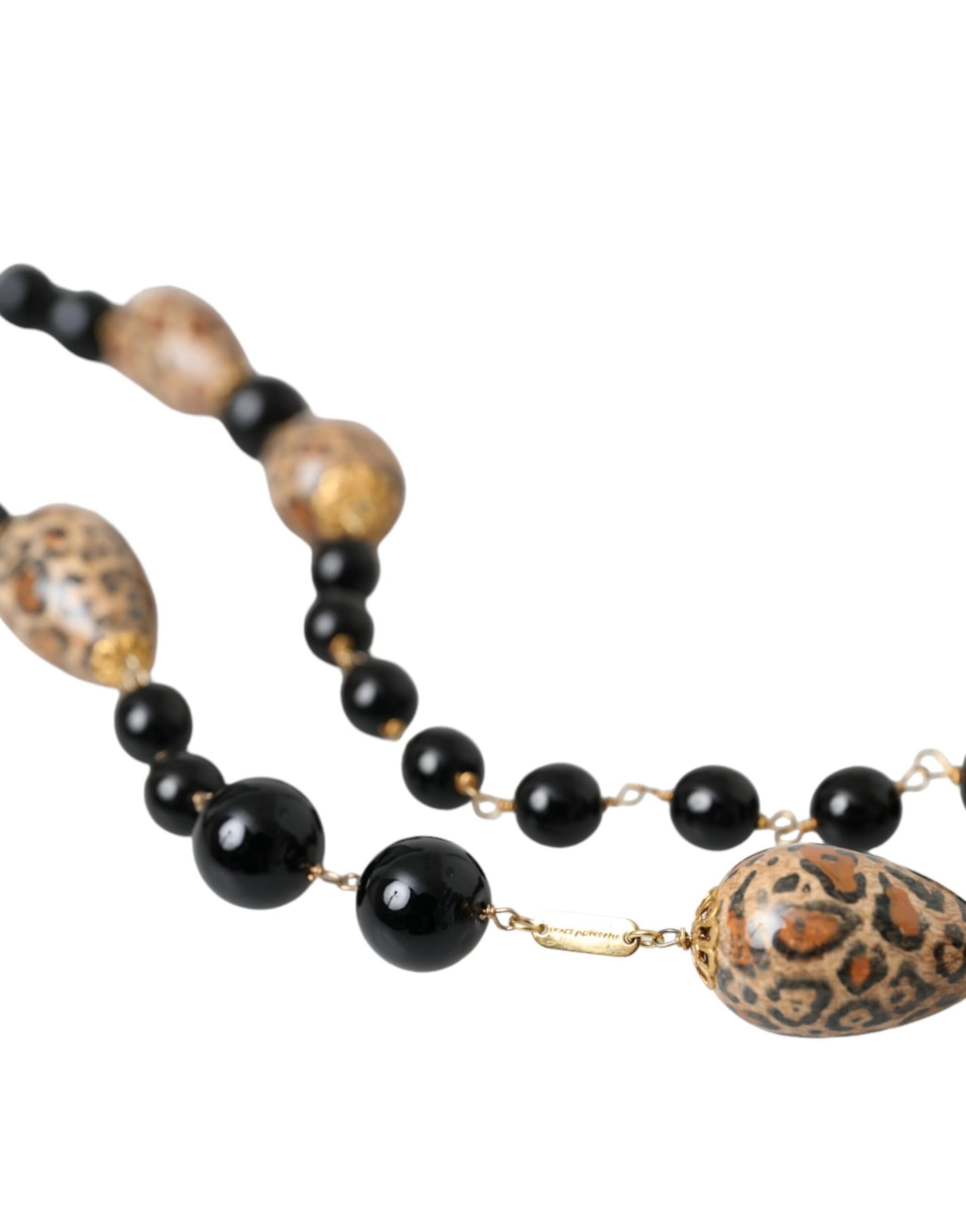Dolce & Gabbana Gold Tone Brass Black Printed Beaded Long Chain Necklace - Image 4