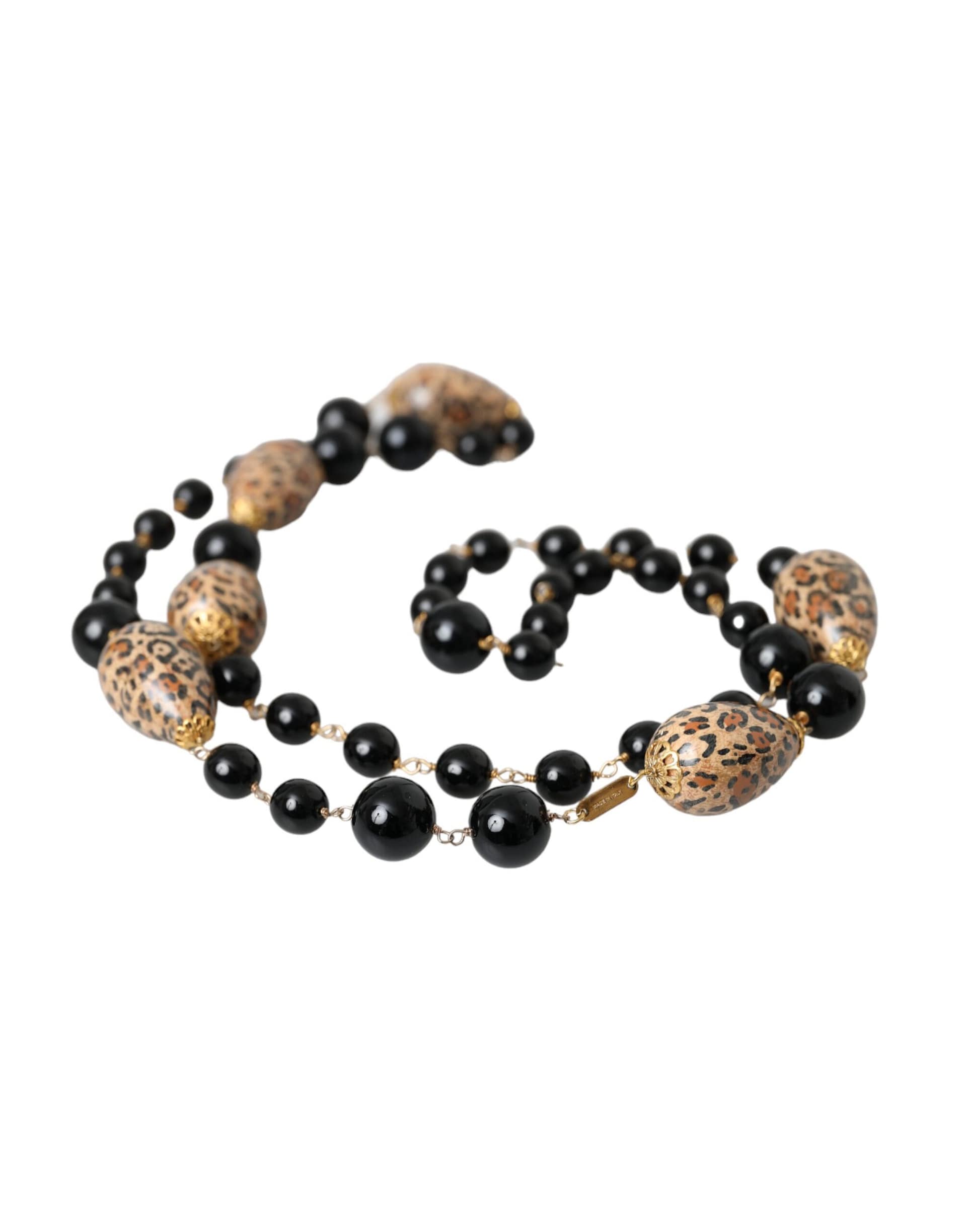 Dolce & Gabbana Gold Tone Brass Black Printed Beaded Long Chain Necklace - Image 5