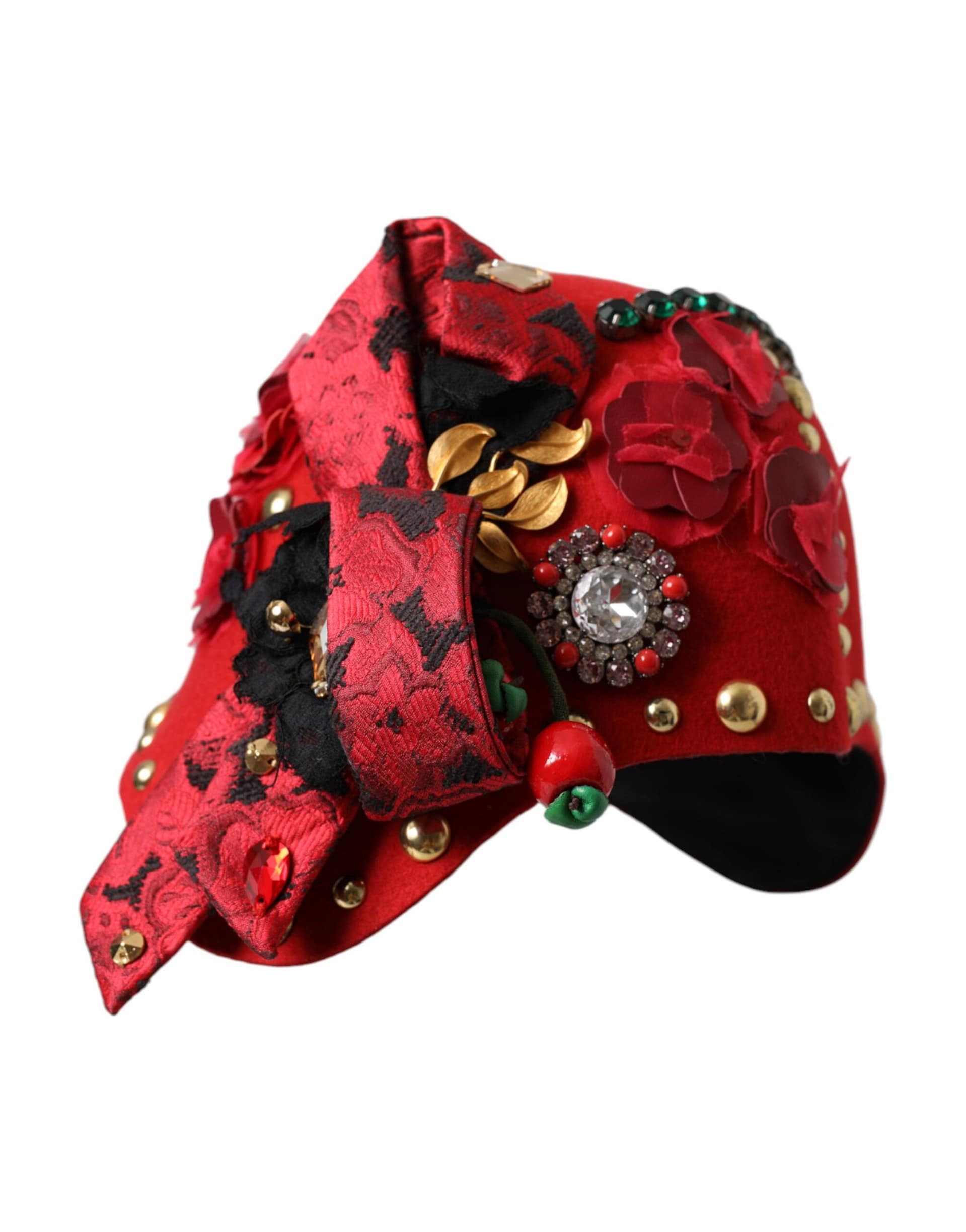 Dolce & Gabbana Red Crystal Gold Roses Brooch Embellished Hat - Image 3