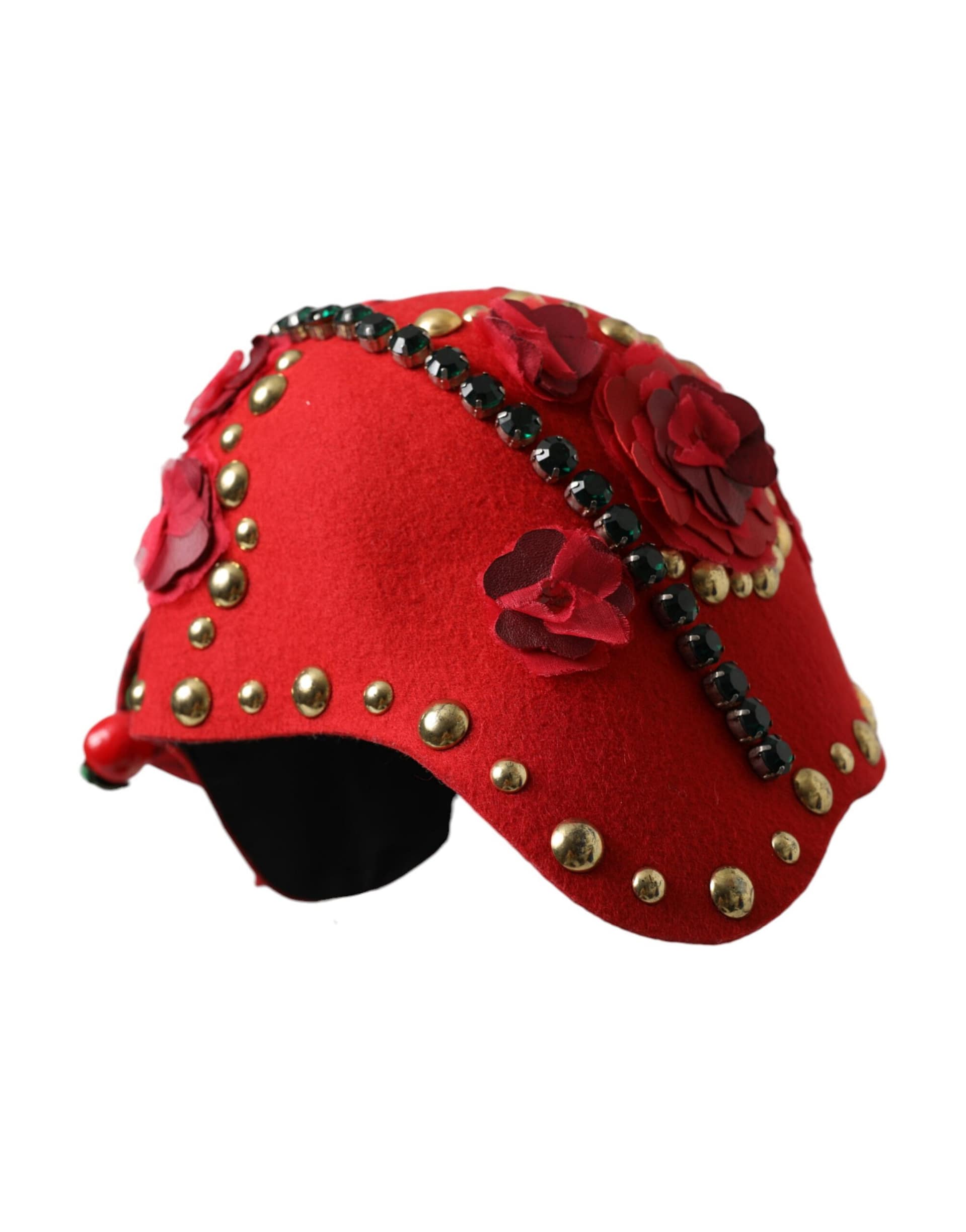 Dolce & Gabbana Red Crystal Gold Roses Brooch Embellished Hat - Image 4
