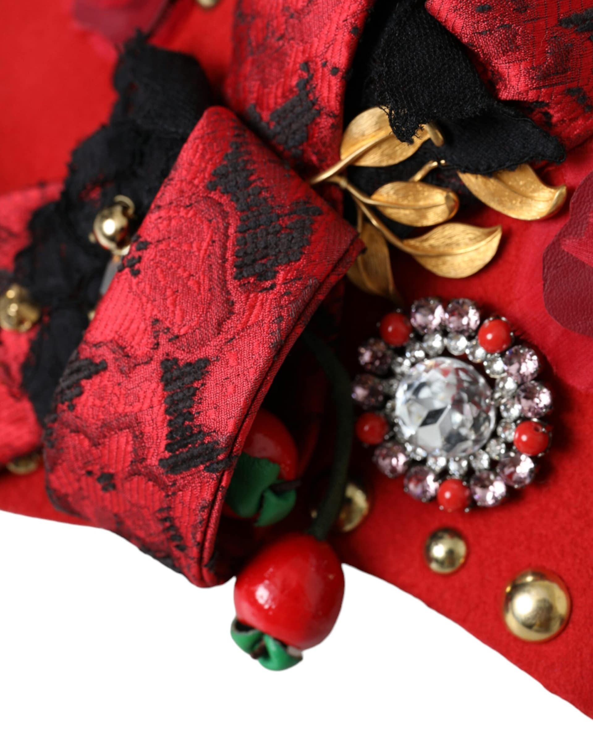 Dolce & Gabbana Red Crystal Gold Roses Brooch Embellished Hat - Image 5