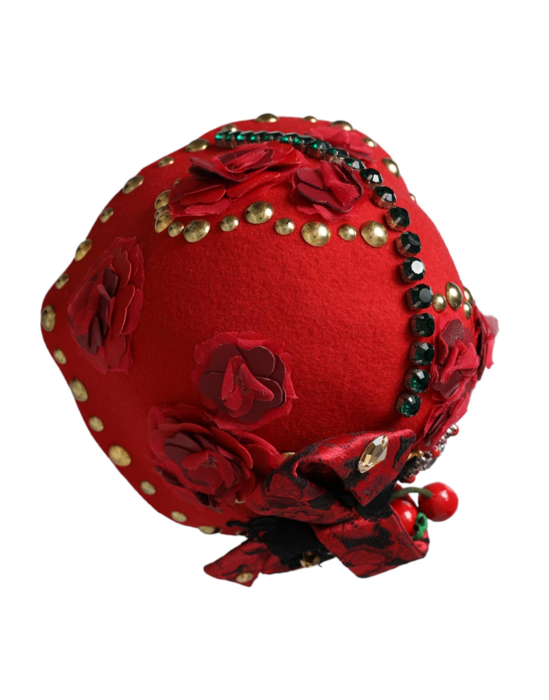 Dolce & Gabbana Red Crystal Gold Roses Brooch Embellished Hat - Image 6