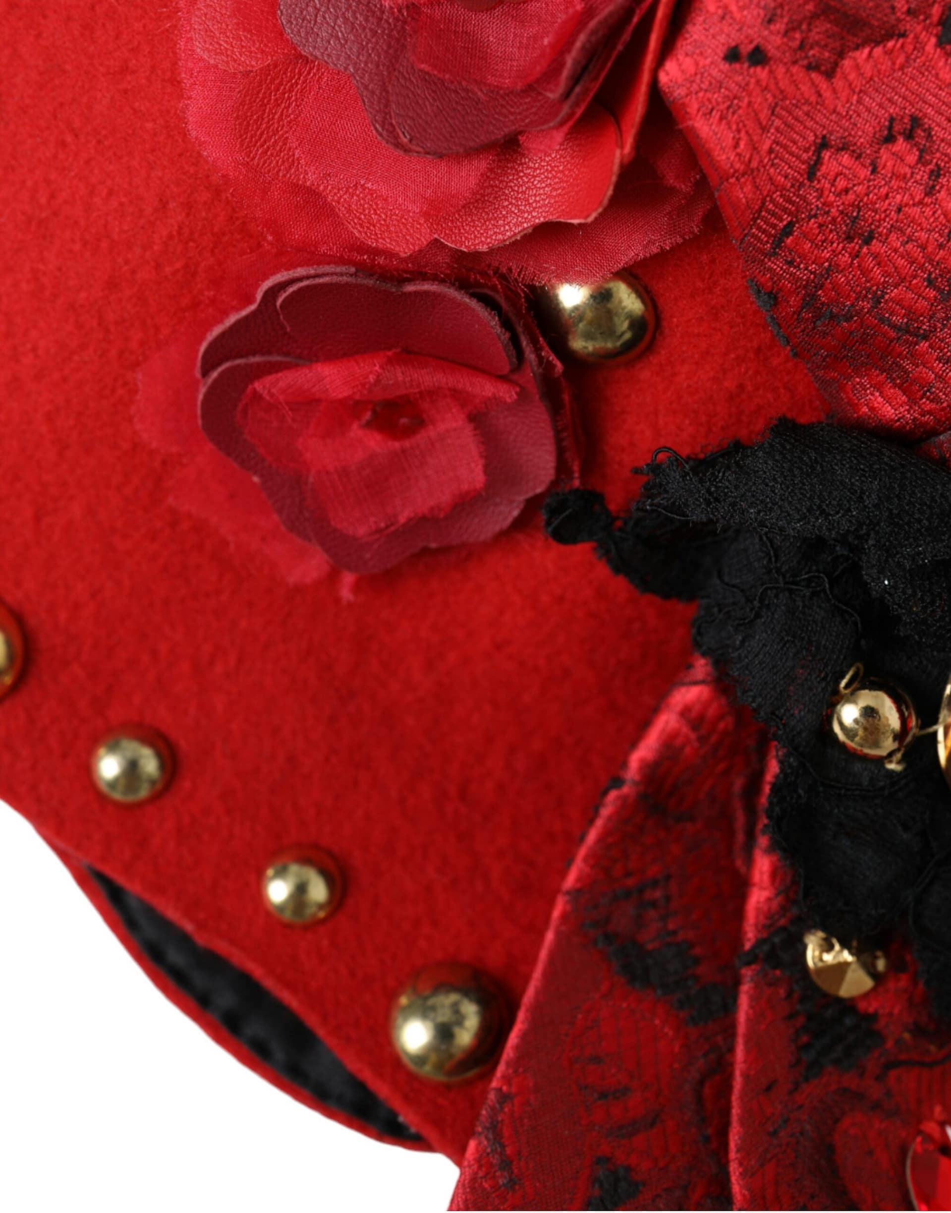 Dolce & Gabbana Red Crystal Gold Roses Brooch Embellished Hat - Image 7