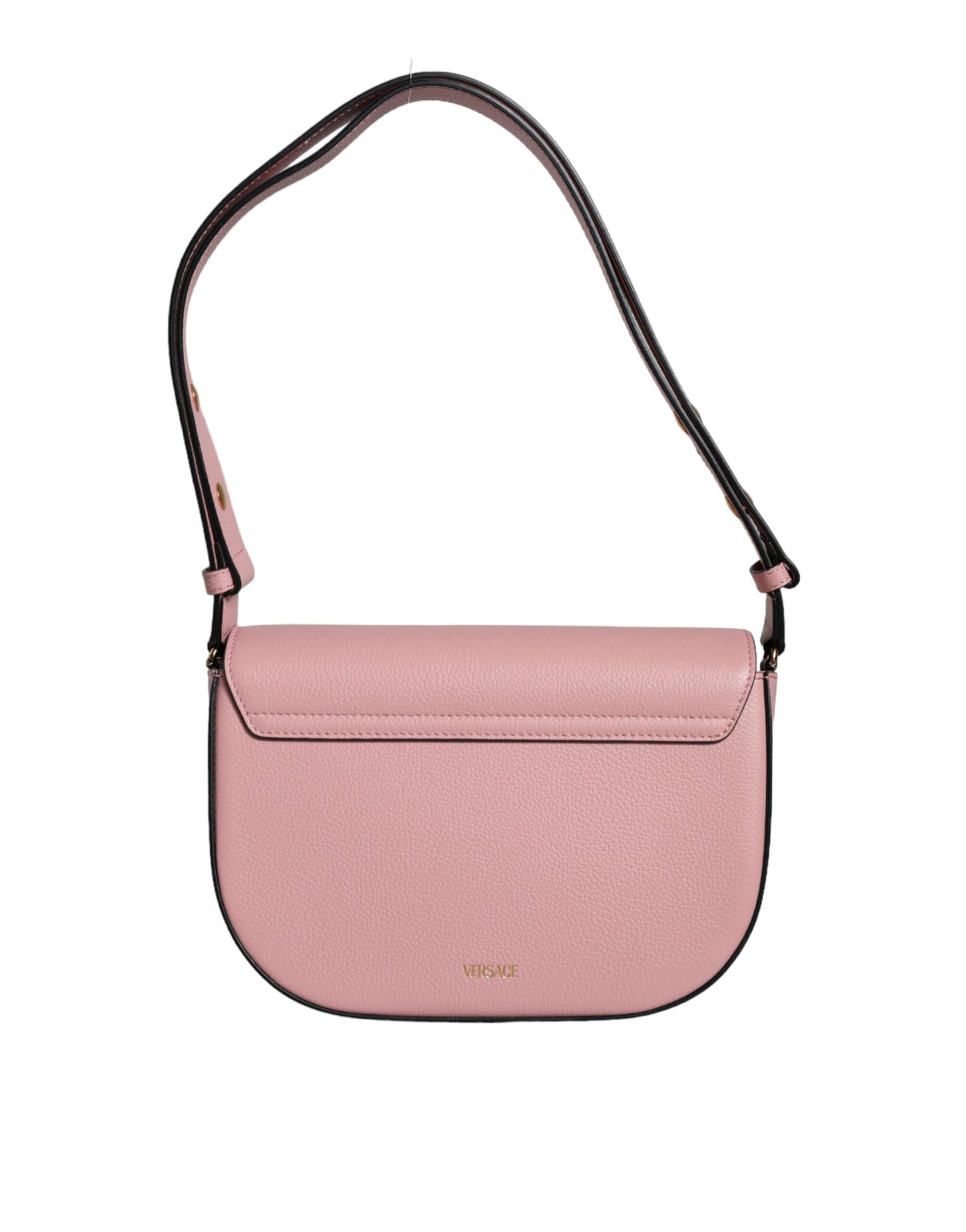 Versace Pink Grainy Calf Leather Logo Crossbody Shoulder Bag - Image 4