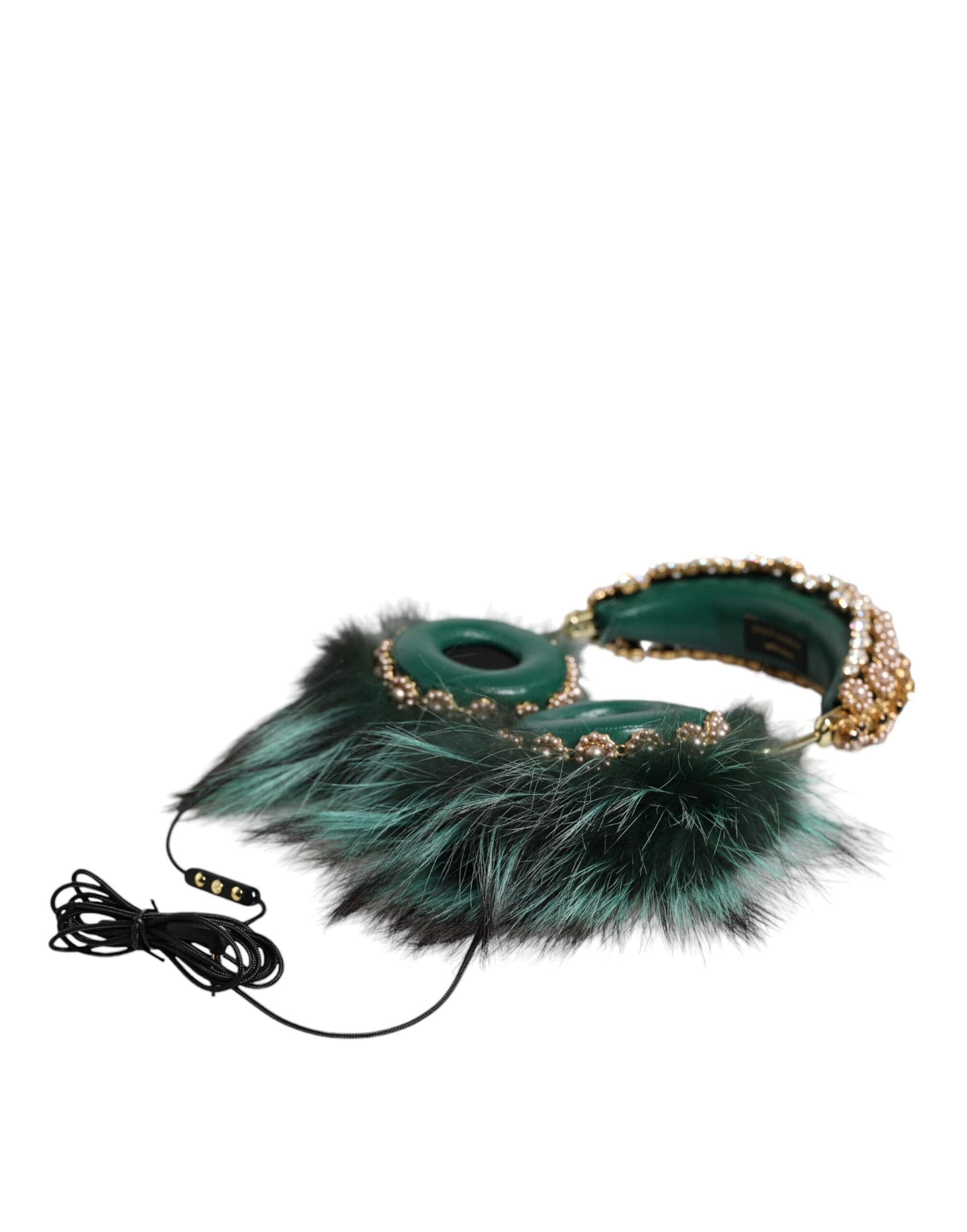 Dolce & Gabbana Green Gold Crystal Fur Headset Audio AUX Headphones - Image 2