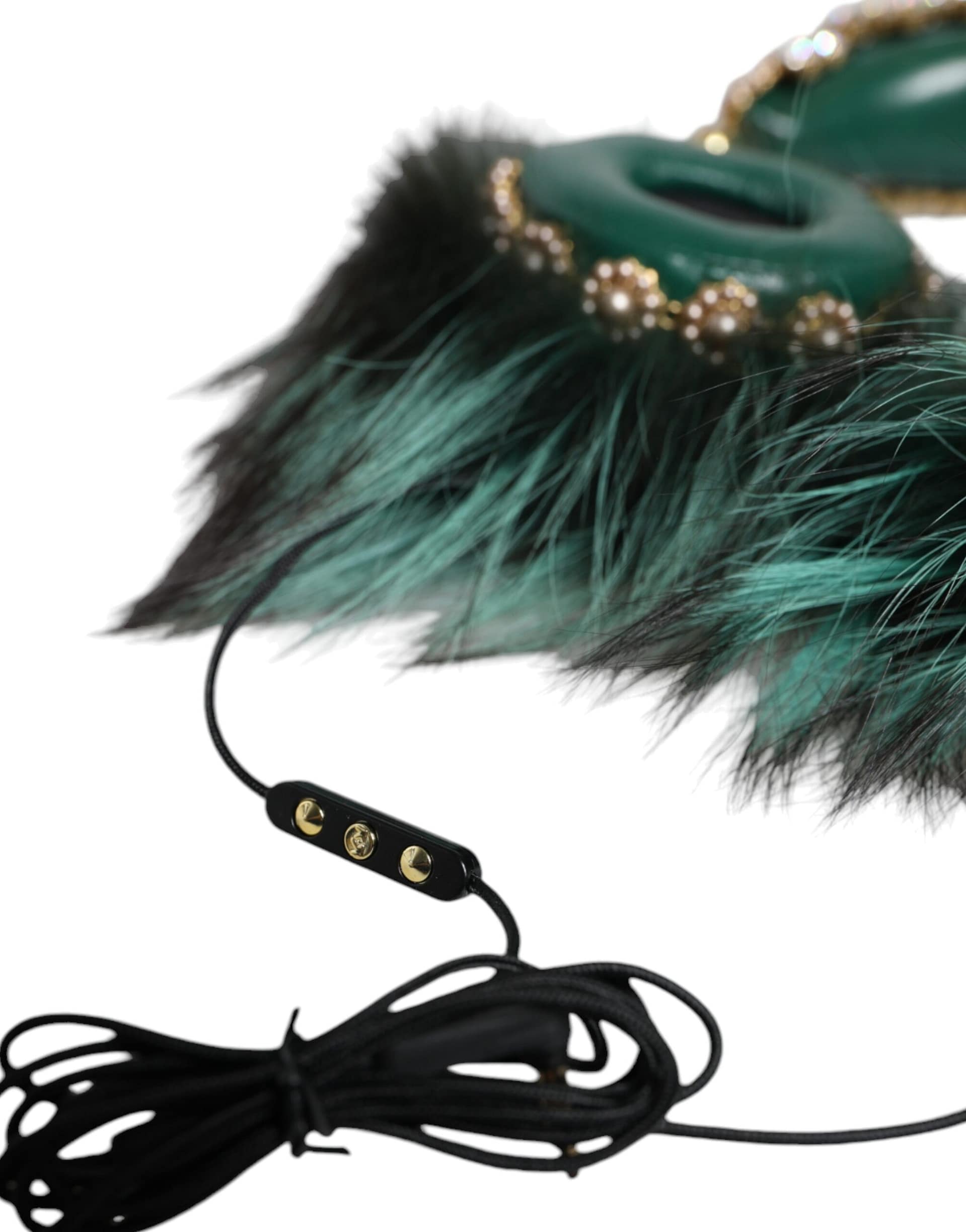 Dolce & Gabbana Green Gold Crystal Fur Headset Audio AUX Headphones - Image 3