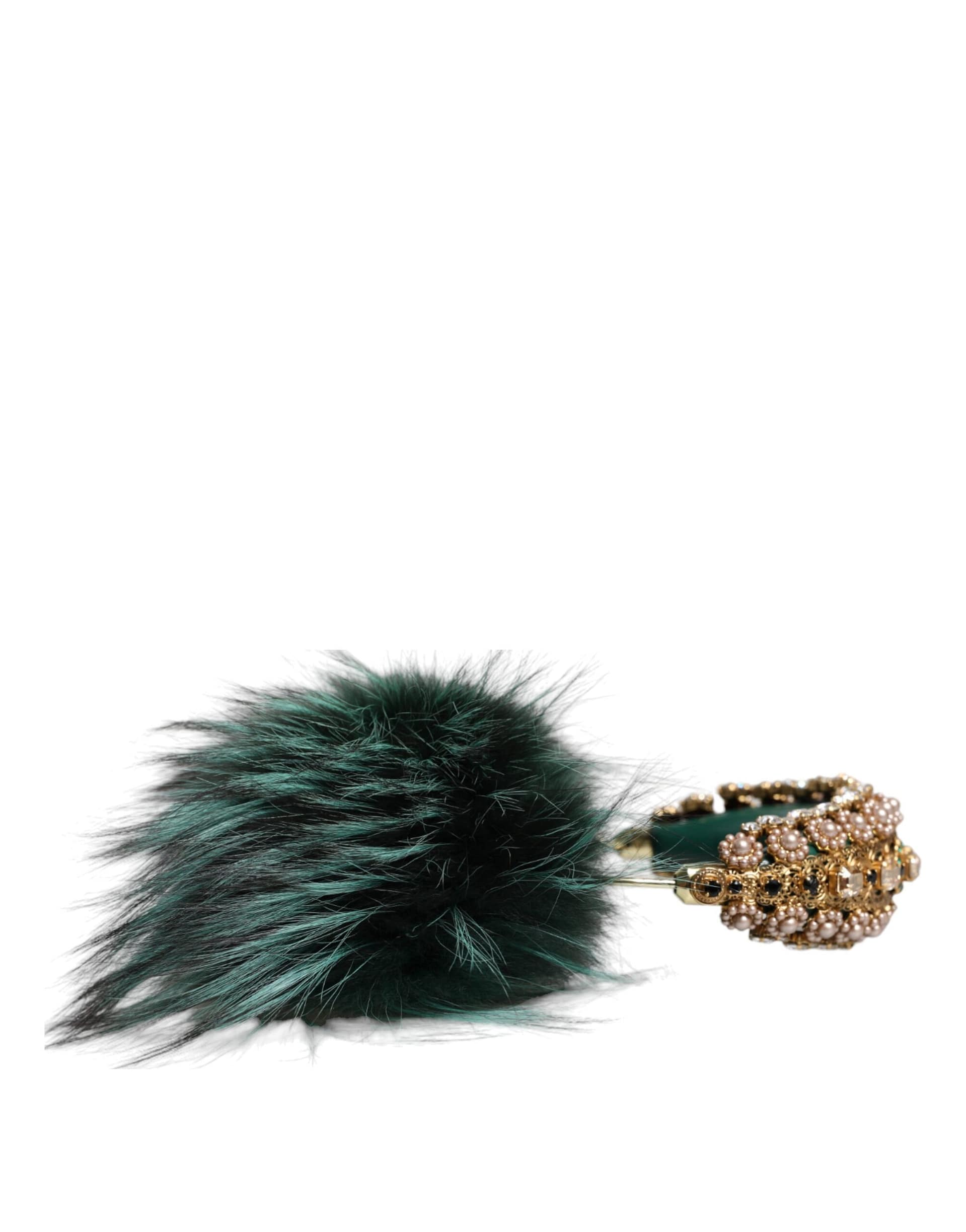 Dolce & Gabbana Green Gold Crystal Fur Headset Audio AUX Headphones - Image 5