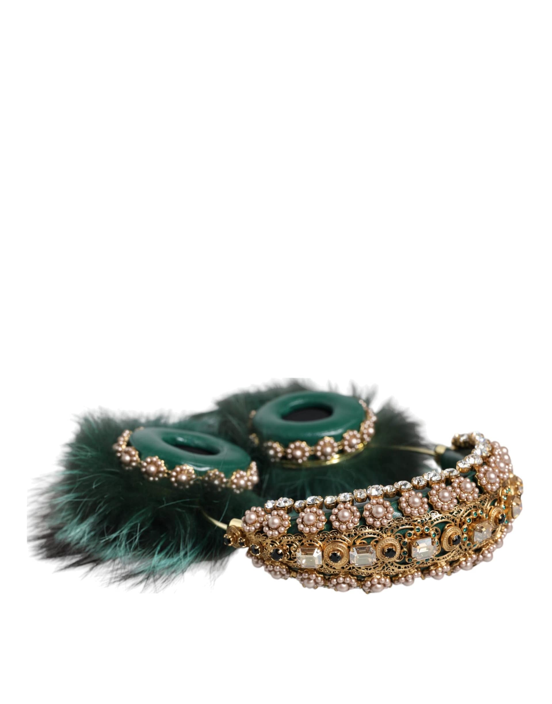 Dolce & Gabbana Green Gold Crystal Fur Headset Audio AUX Headphones - Image 6