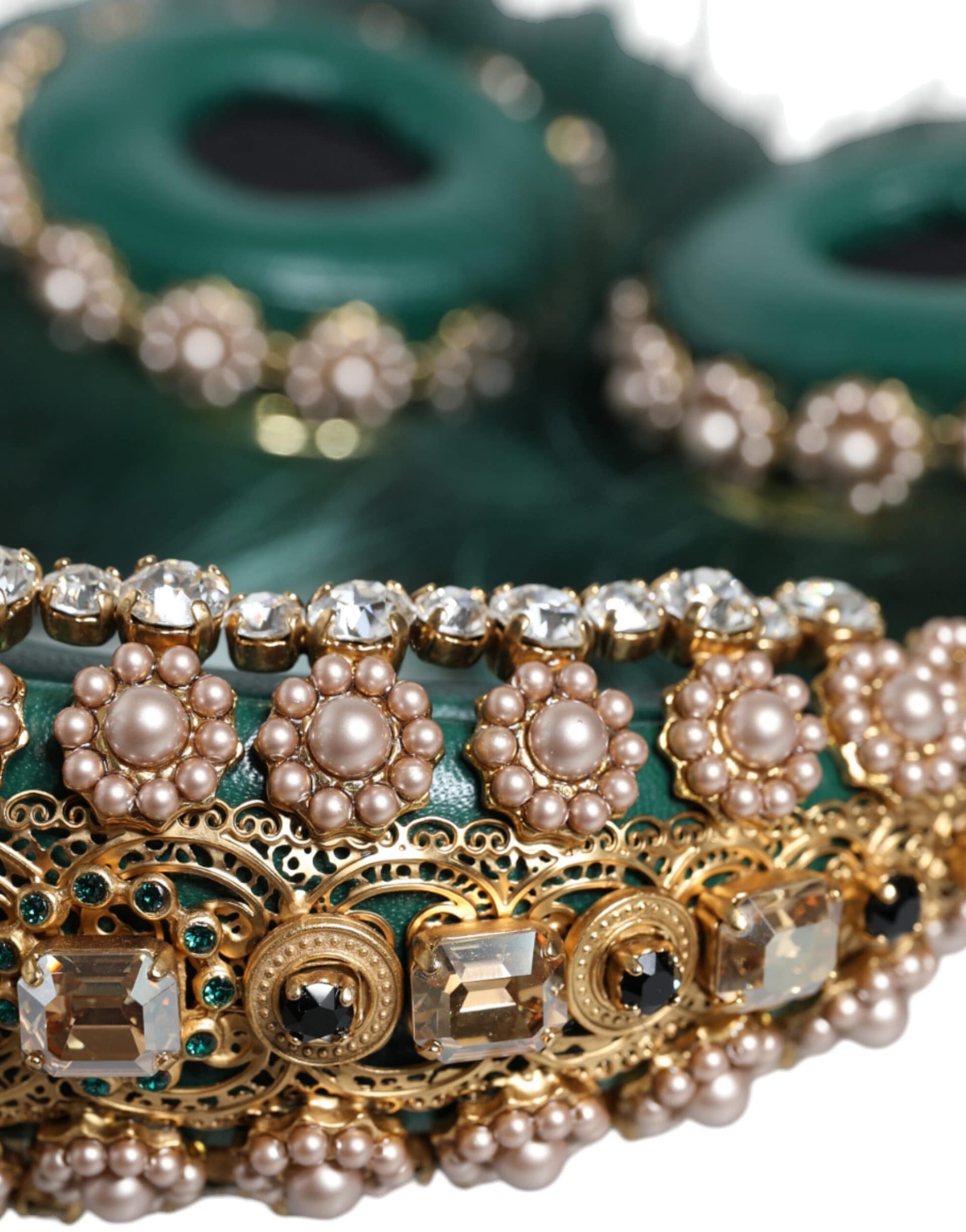 Dolce & Gabbana Green Gold Crystal Fur Headset Audio AUX Headphones - Image 7