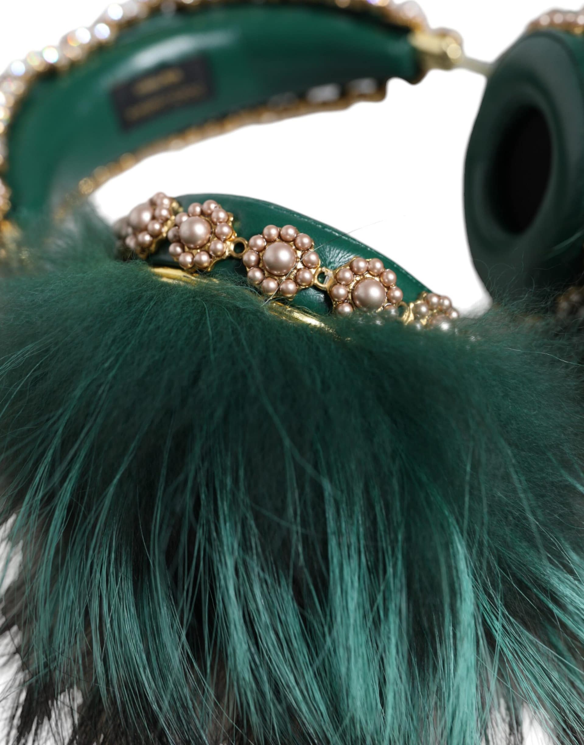 Dolce & Gabbana Green Gold Crystal Fur Headset Audio AUX Headphones - Image 8