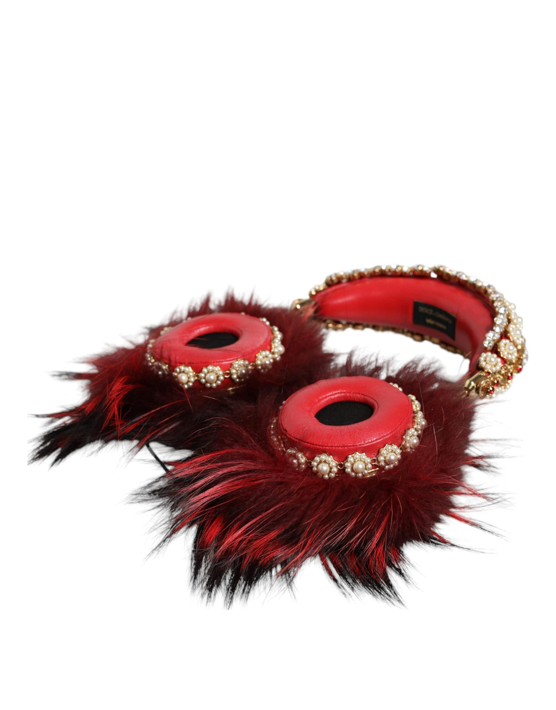 Dolce & Gabbana Red Gold Crystal Fur Headset Audio AUX Headphones - Image 2