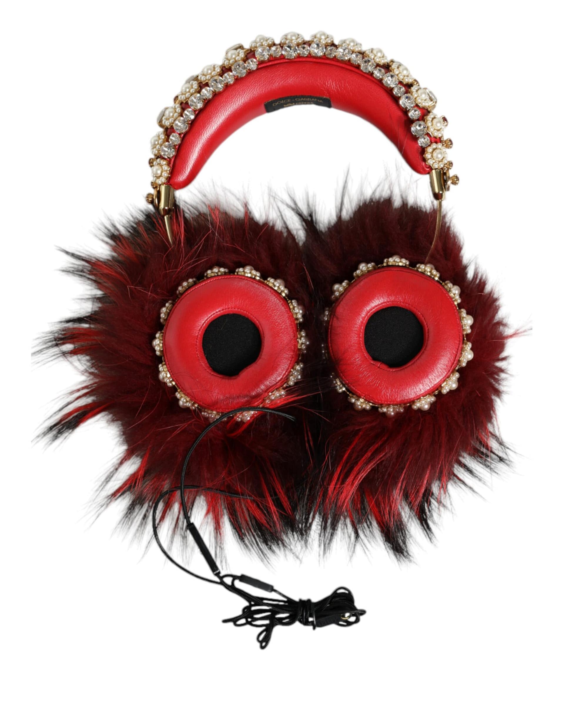 Dolce & Gabbana Red Gold Crystal Fur Headset Audio AUX Headphones - Image 7