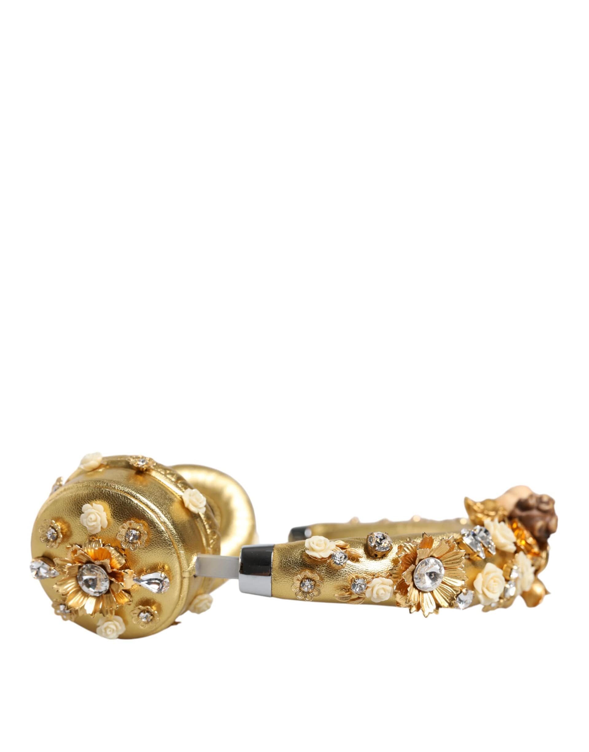 Dolce & Gabbana Gold Leather Floral Crystal Angel Headset Headphones - Image 3