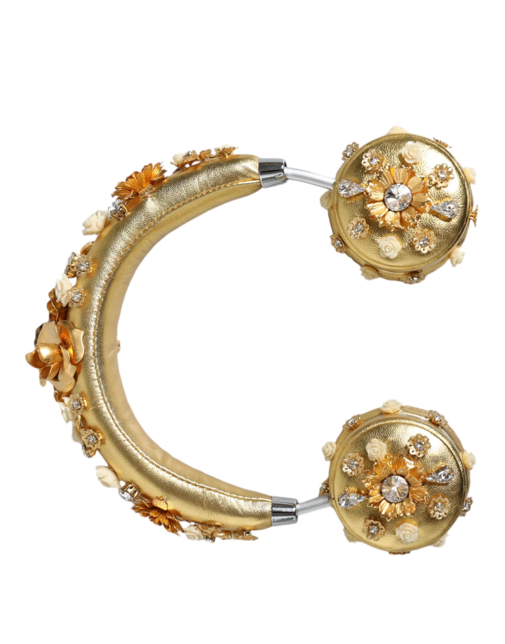 Dolce & Gabbana Gold Leather Floral Crystal Angel Headset Headphones - Image 5