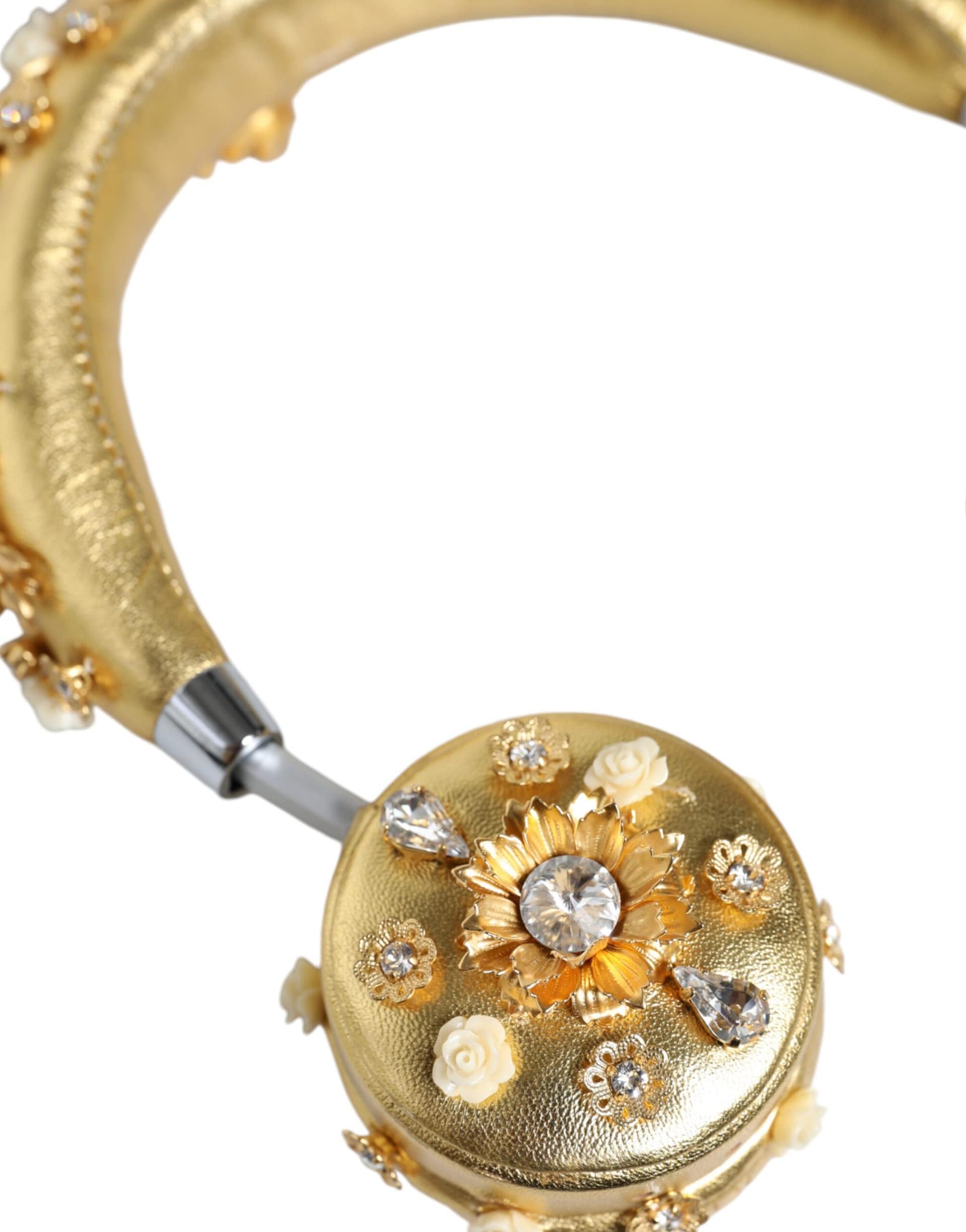 Dolce & Gabbana Gold Leather Floral Crystal Angel Headset Headphones - Image 6