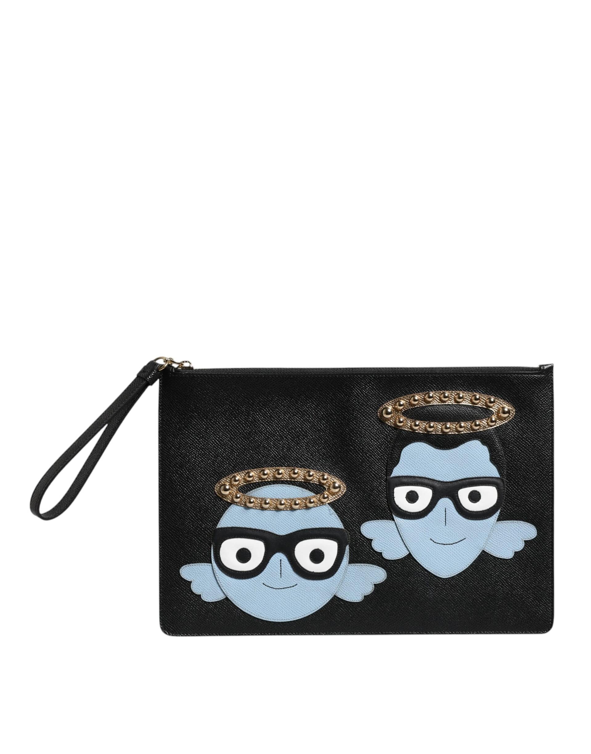 Dolce & Gabbana Black Leather #DGFAMILY Embellished Men Zip Pouch Bag - Image 2