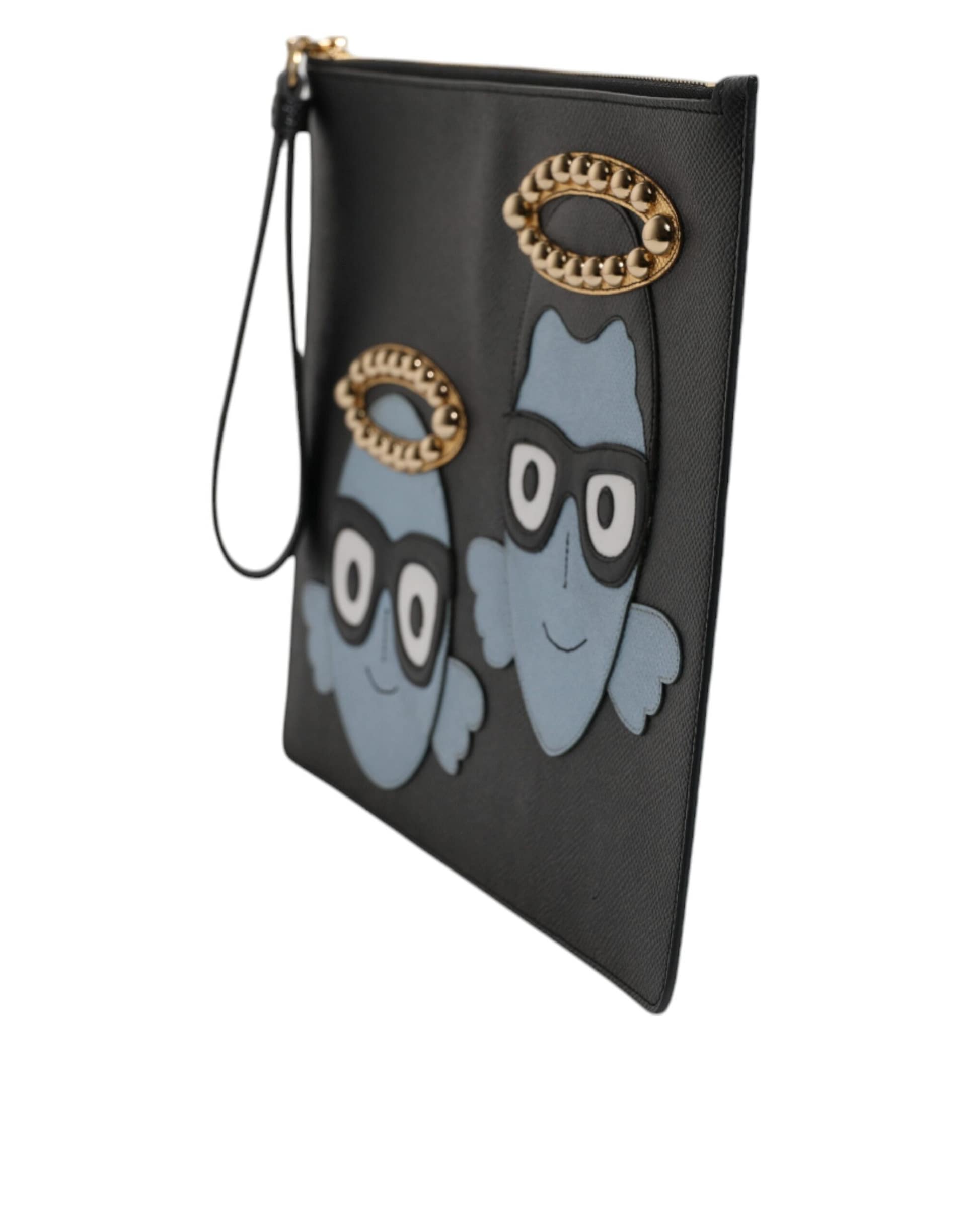 Dolce & Gabbana Black Leather #DGFAMILY Embellished Men Zip Pouch Bag - Image 3