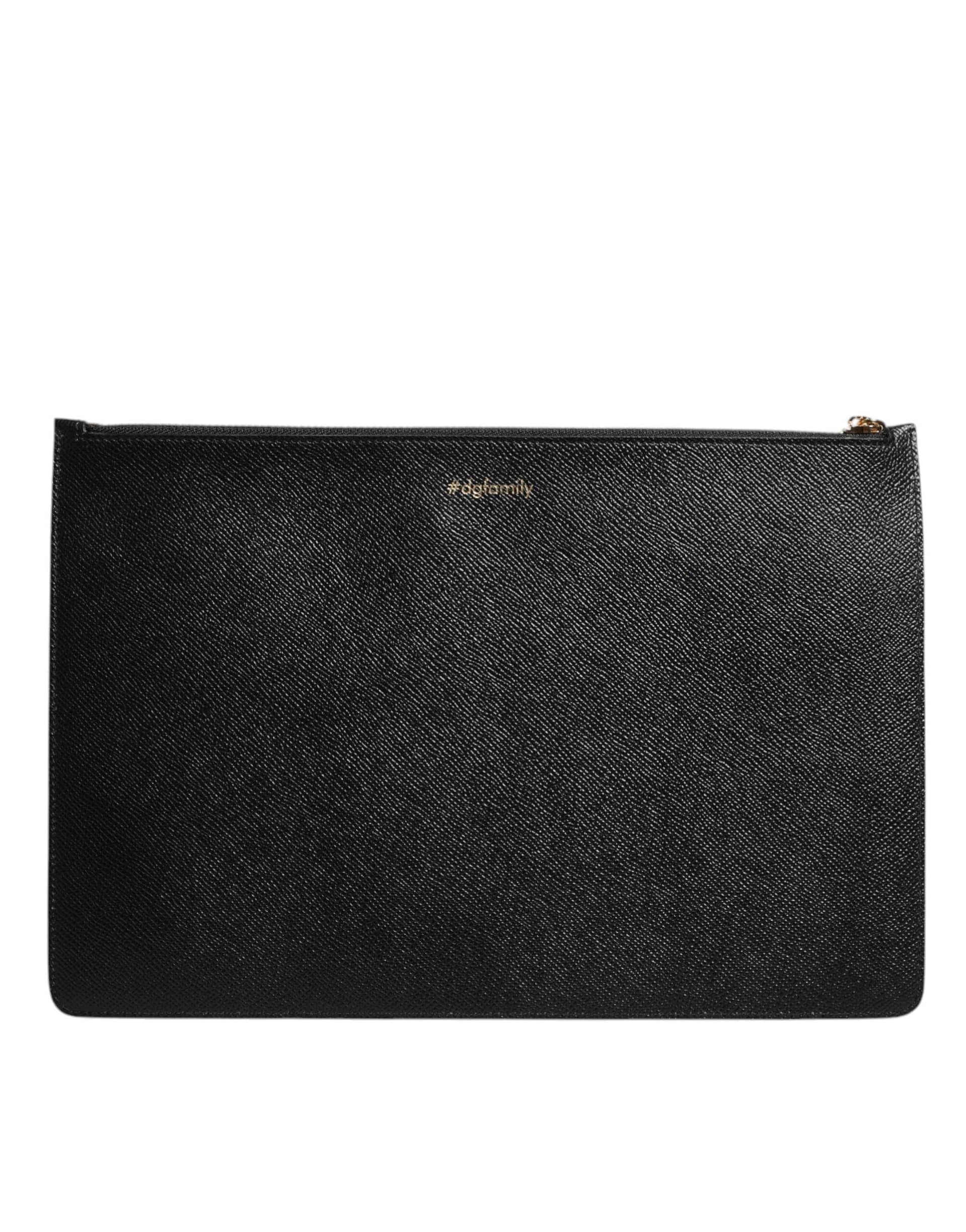 Dolce & Gabbana Black Leather #DGFAMILY Embellished Men Zip Pouch Bag - Image 4
