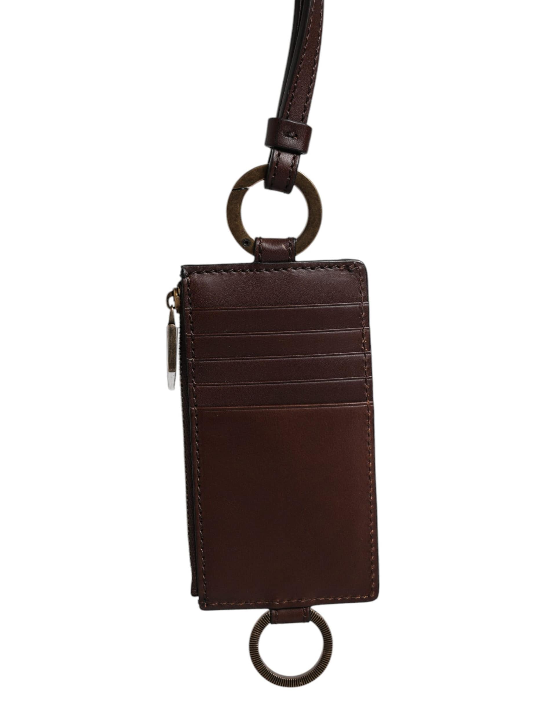 Dolce & Gabbana Brown Calf Leather Lanyard Logo Card Holder Wallet - Image 4
