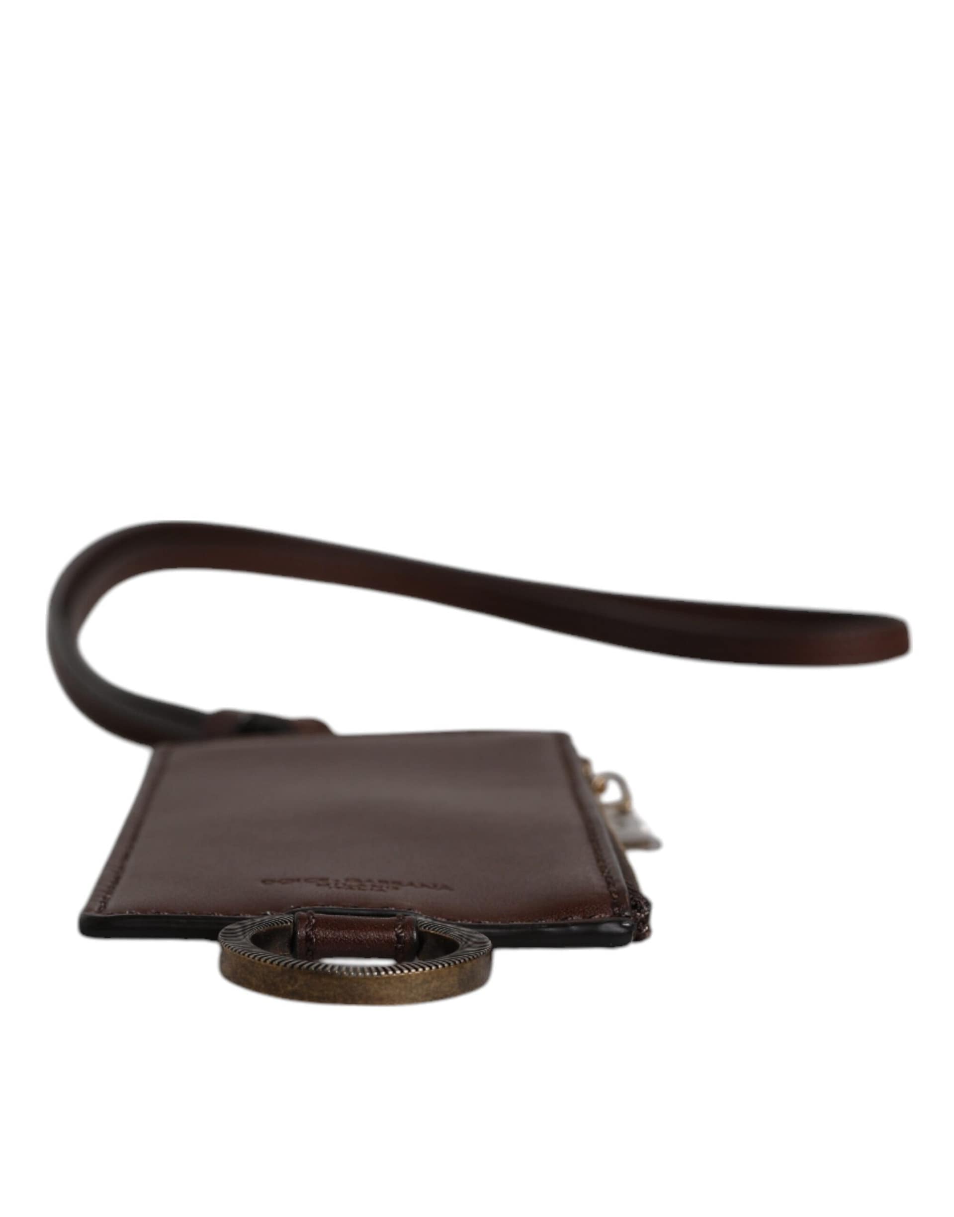 Dolce & Gabbana Brown Calf Leather Lanyard Logo Card Holder Wallet - Image 7