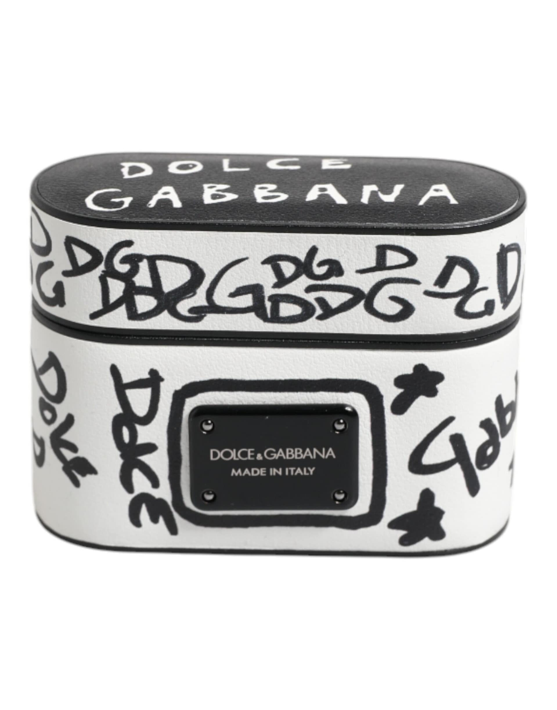 Dolce & Gabbana Black White Leather Scribble Embossed Logo Airpods Case