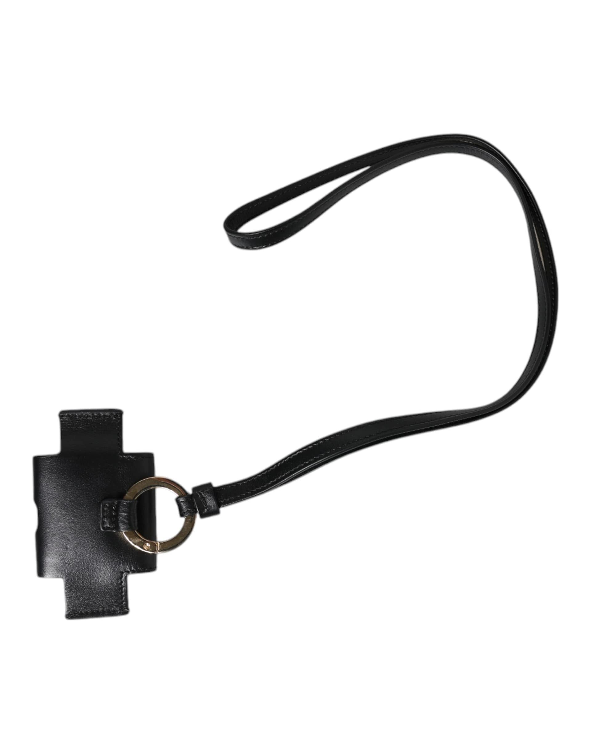 Dolce & Gabbana Black Leather Strap Gold Metal Logo Plaque Airpods Case - Image 6