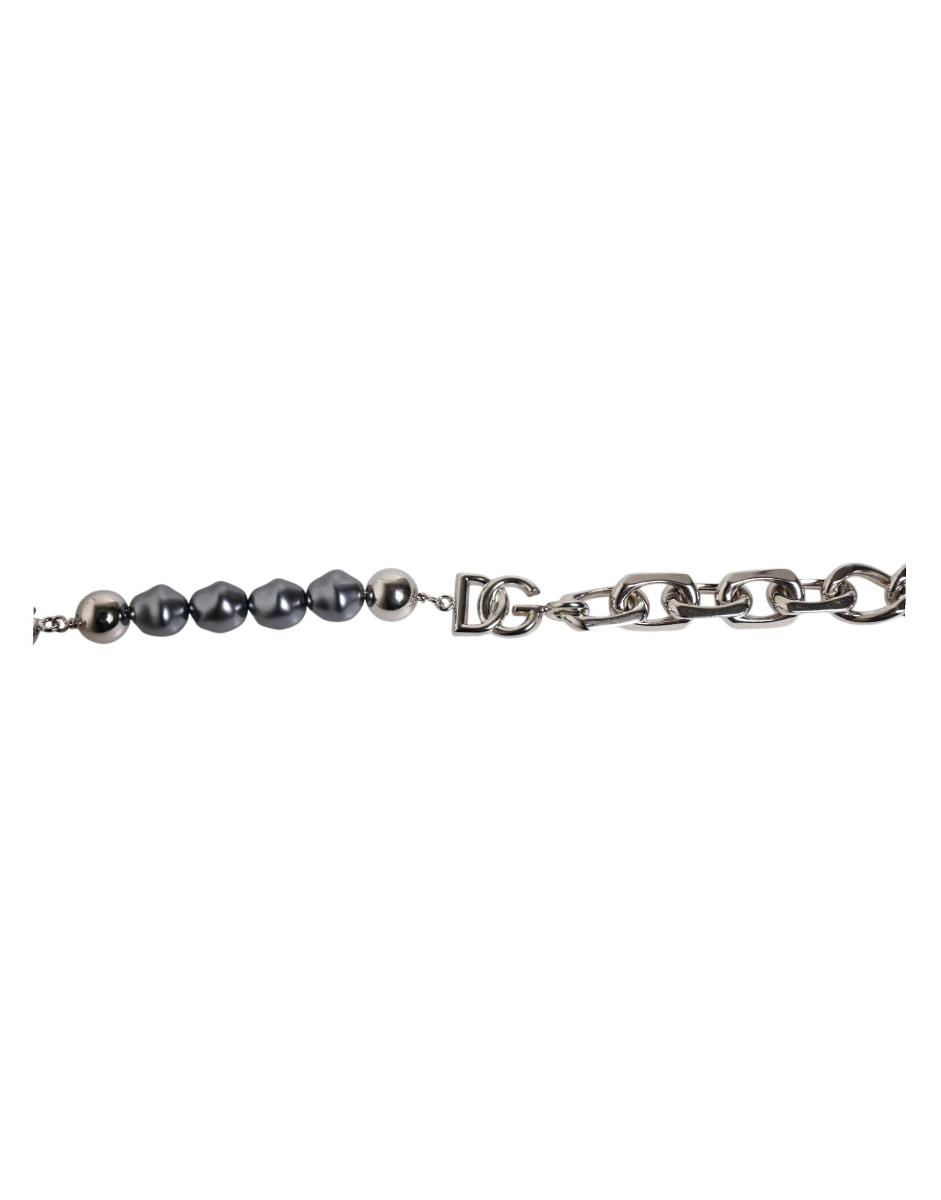 Dolce & Gabbana Silver Tone Chain Lobster Clasp Logo Gray Pearls Bracelet - Image 3