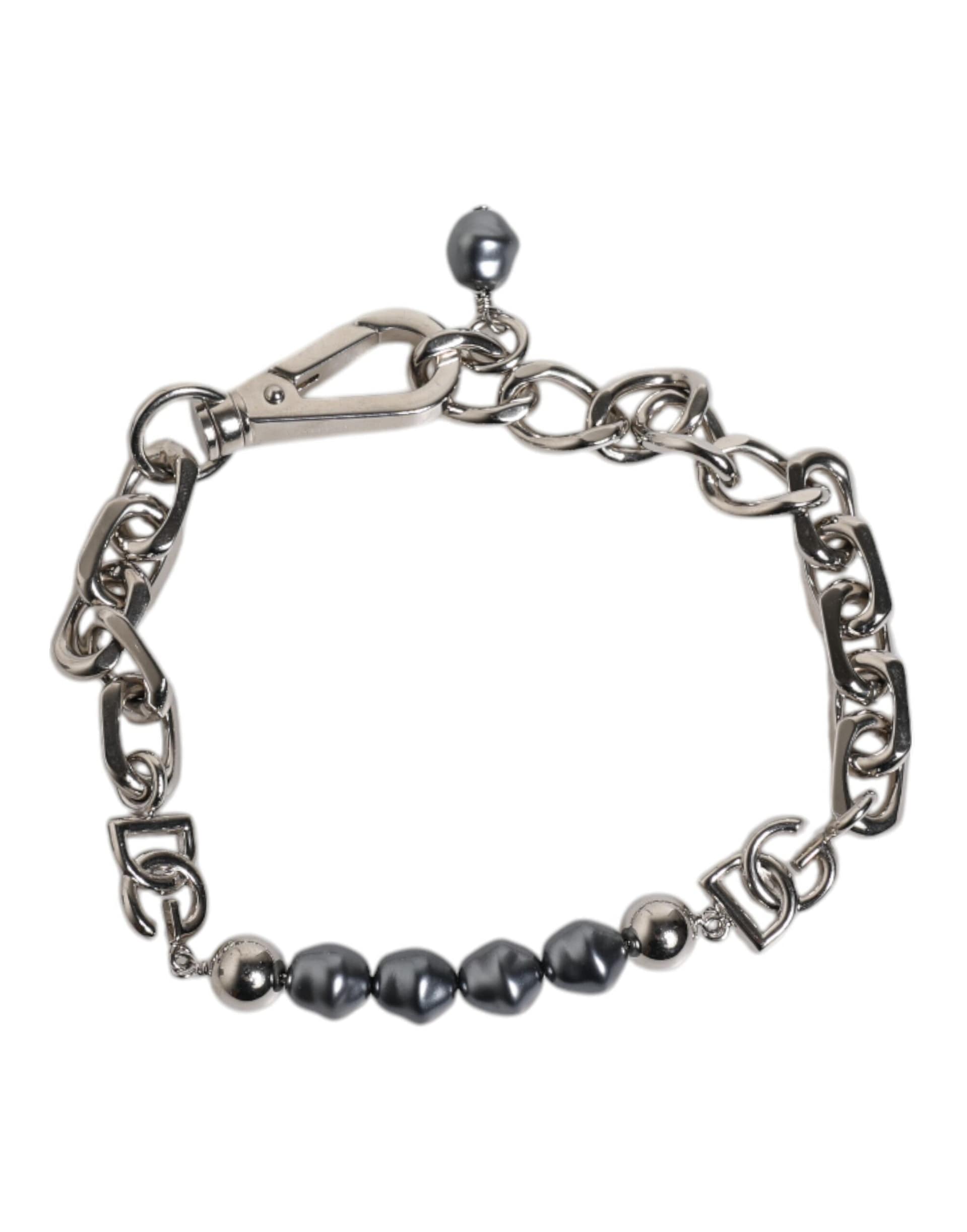 Dolce & Gabbana Silver Tone Chain Lobster Clasp Logo Gray Pearls Bracelet - Image 6