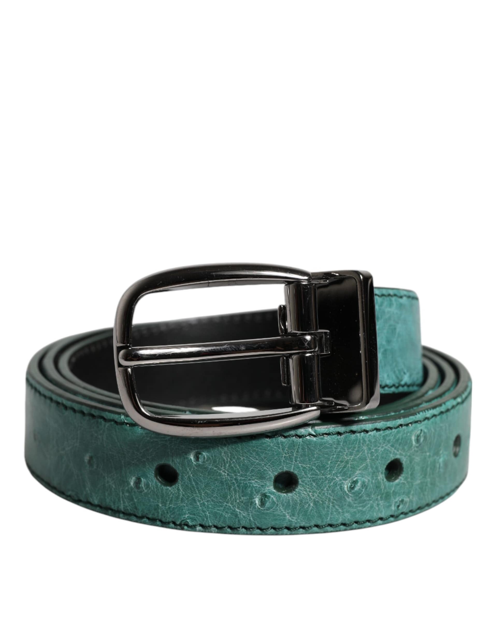 Dolce & Gabbana Green Leather Silver Tone Metal Buckle Belt - Image 2