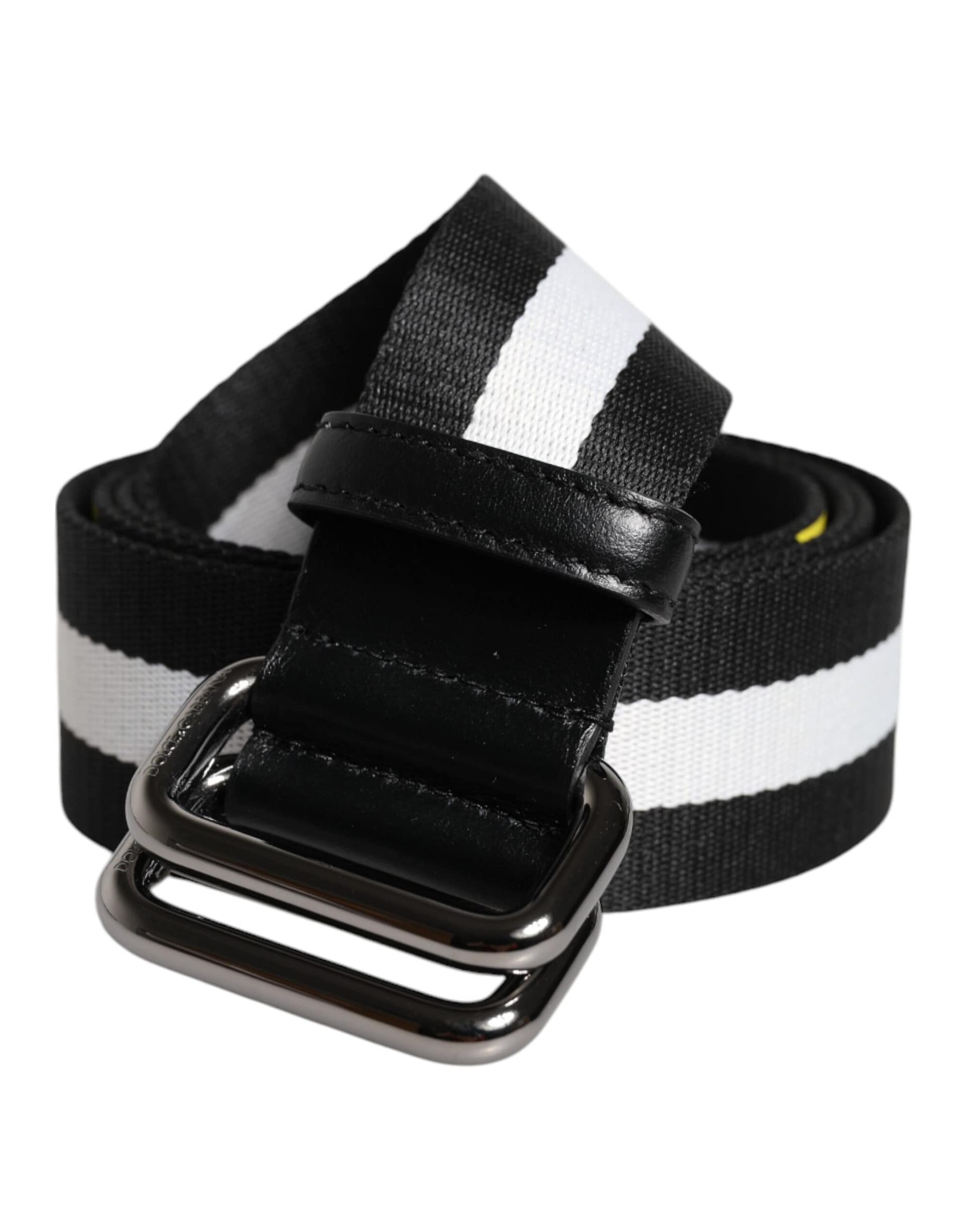 Dolce & Gabbana Black Yellow Logo Striped Metal Buckle Belt - Image 2