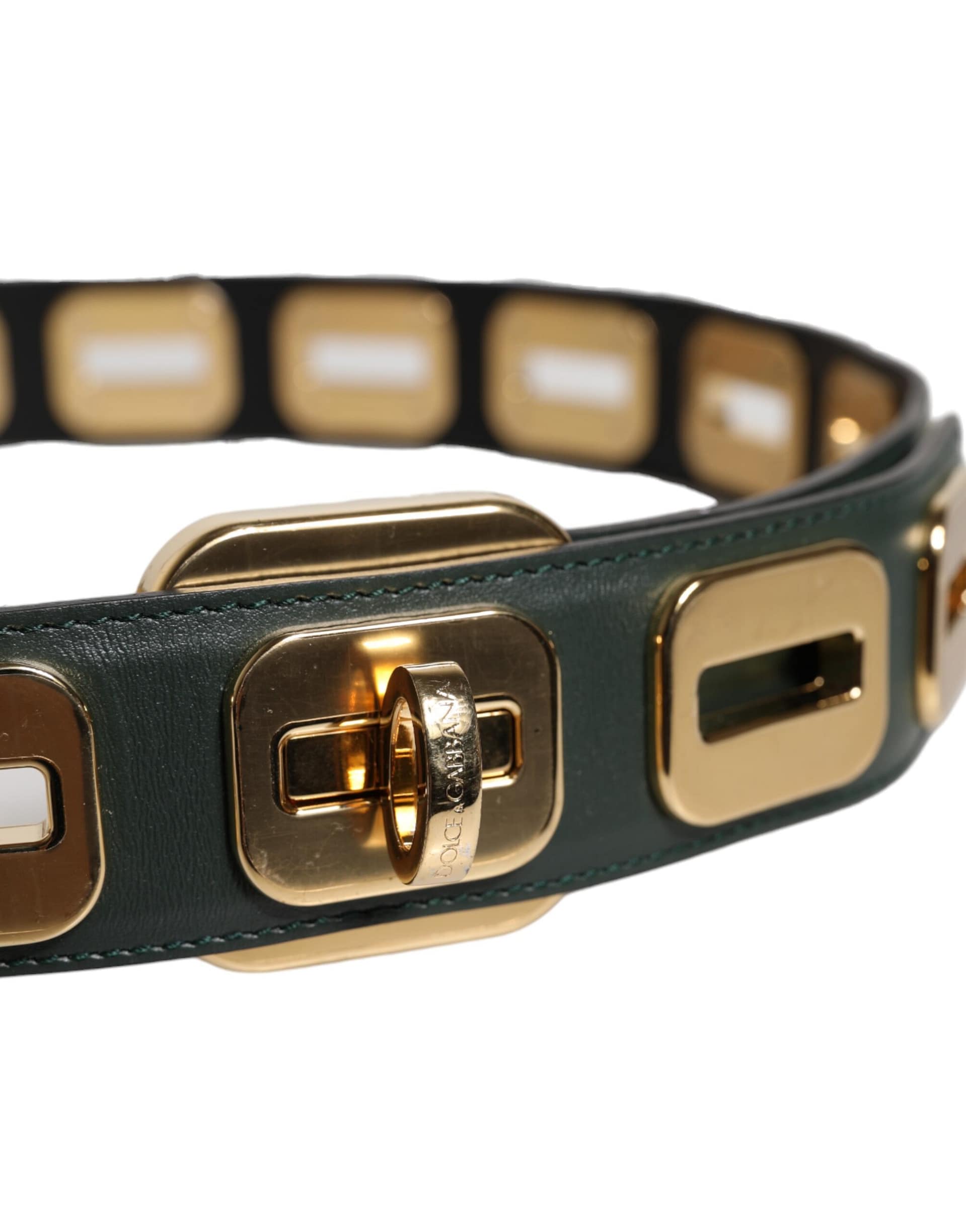 Dolce & Gabbana Green Leather Gold Tone Rotating Buckle Belt - Image 4